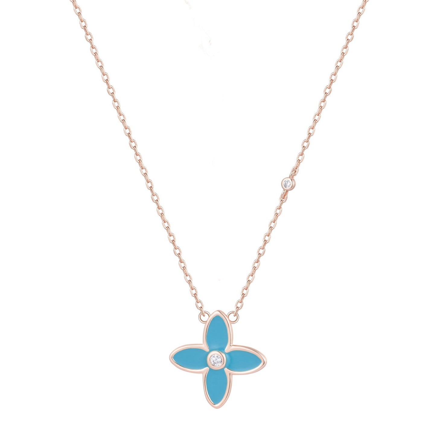 NICOLETTA BLUE ENAMEL FLOWER ROSE GOLD NECKLACE