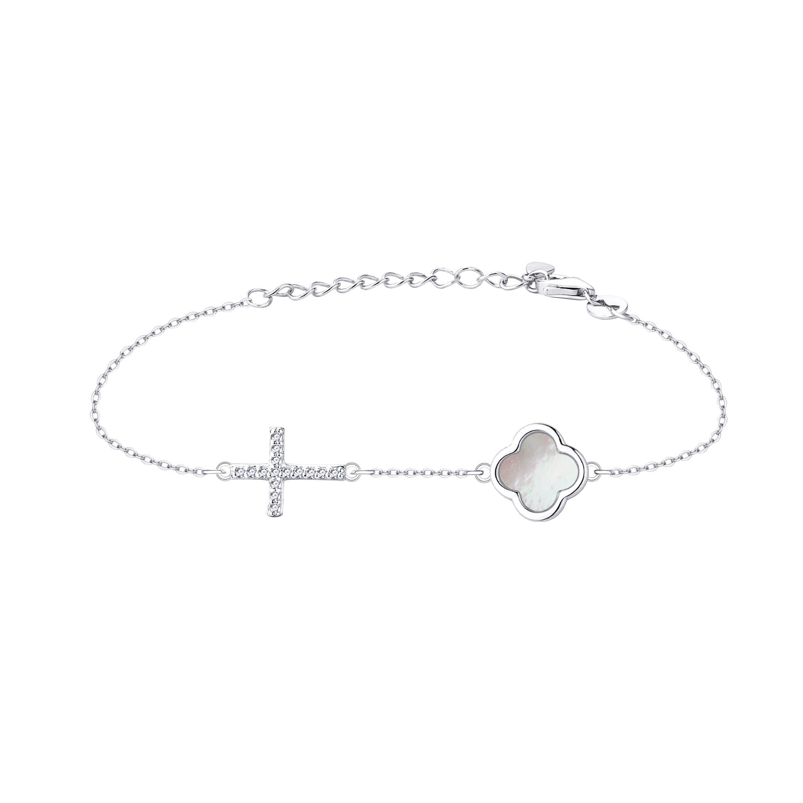 ELLIE PEARL CLOVER AND CROSS SILVER BRACELET