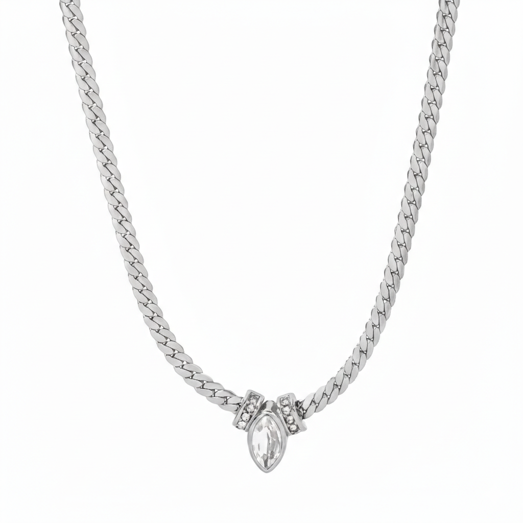 AALIA HERRINGBONE MARQUIS CRYSTAL SILVER NECKLACE