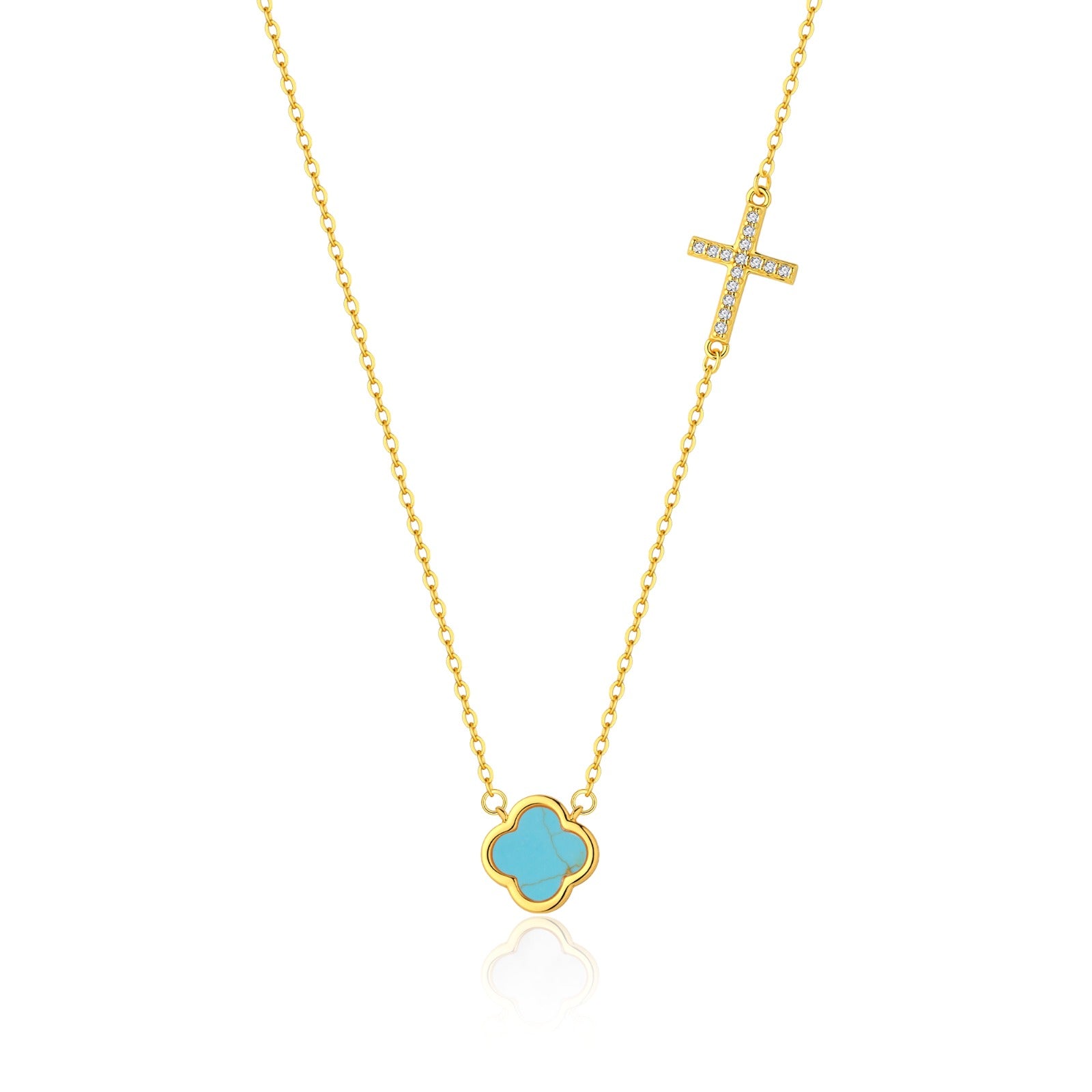 ELLIE TURQUOISE CLOVER AND CROSS GOLD NECKLACE