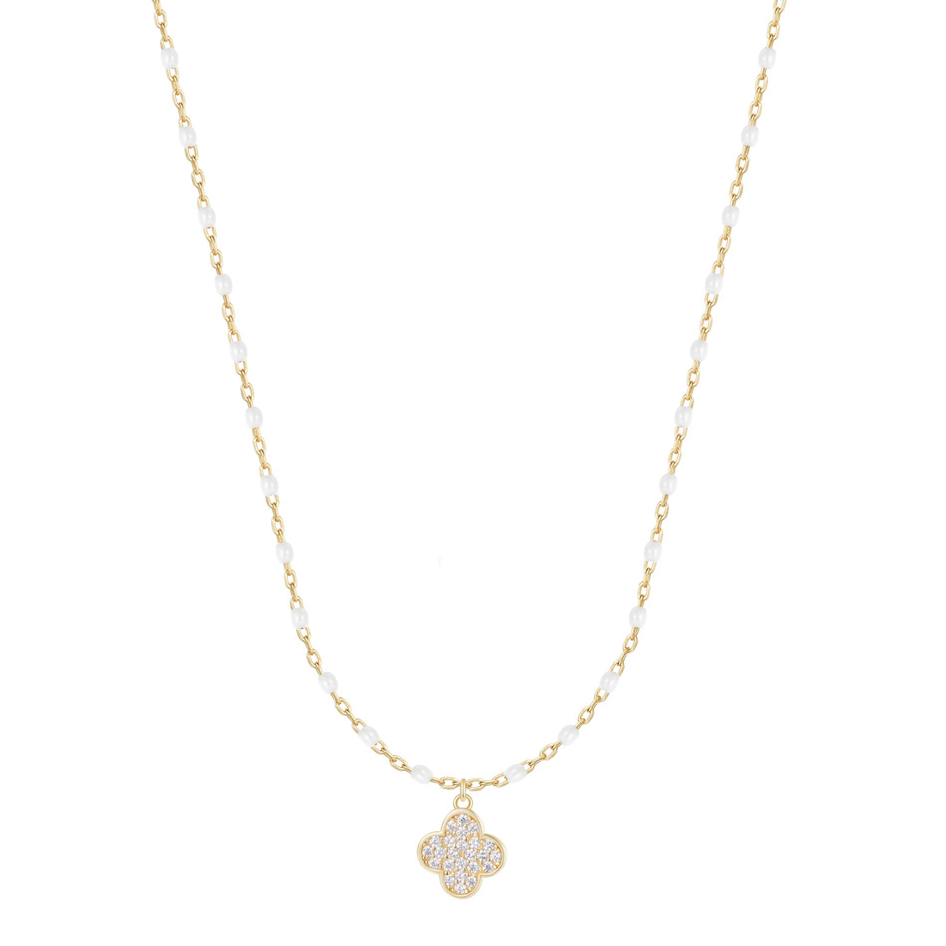 ARIADNE MINI CLOVER WHITE BEADED GOLD NECKLACE
