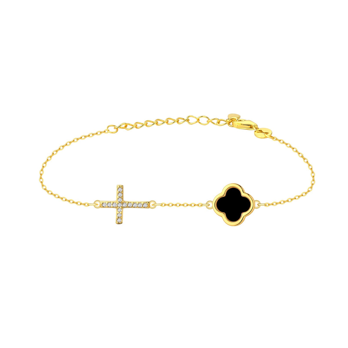 ELLIE BLACK AGATE CLOVER AND CROSS GOLD BRACELET display picture 2