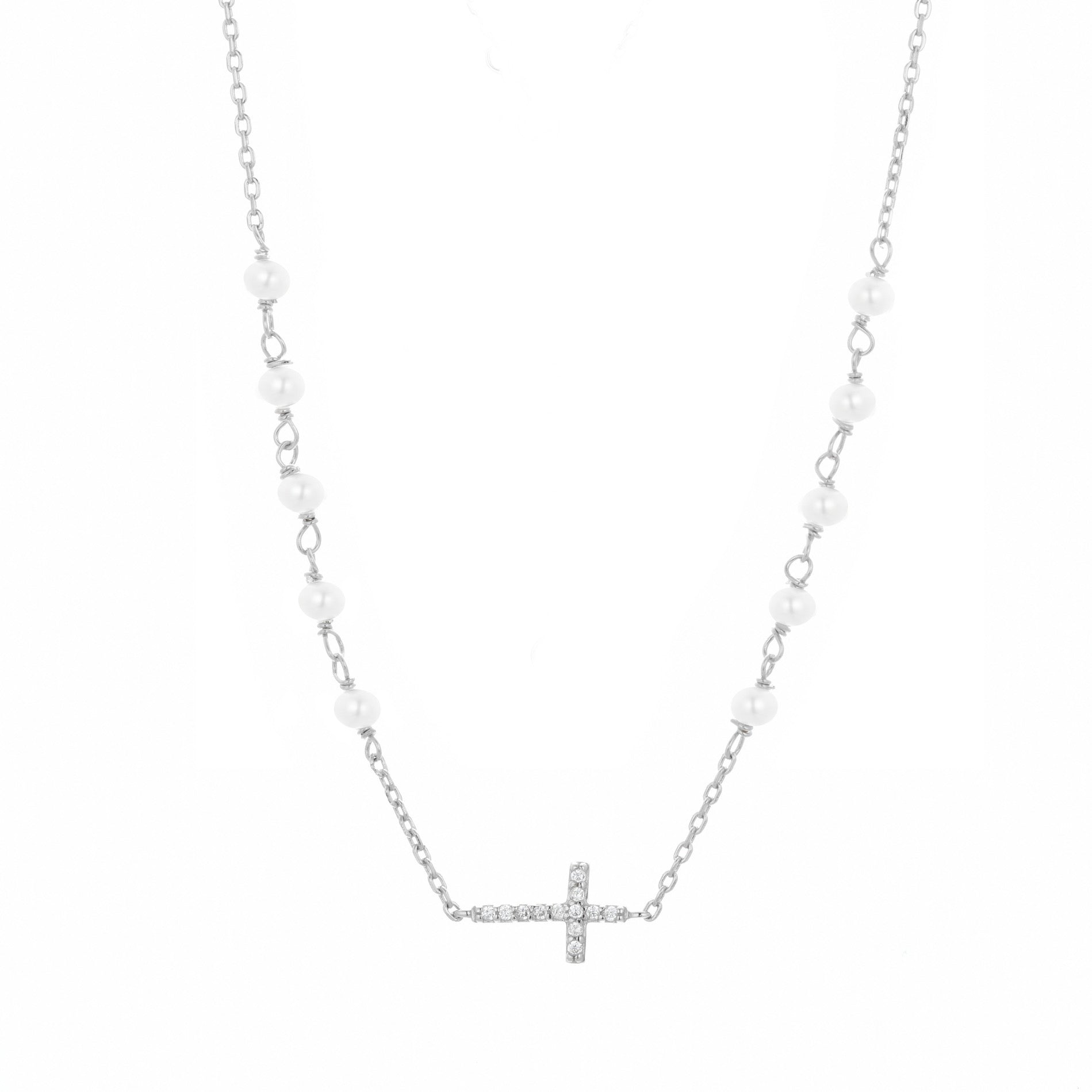 GABRIELLA CROSS FRESHWATER PEARL BEADED SILVER NECKLACE