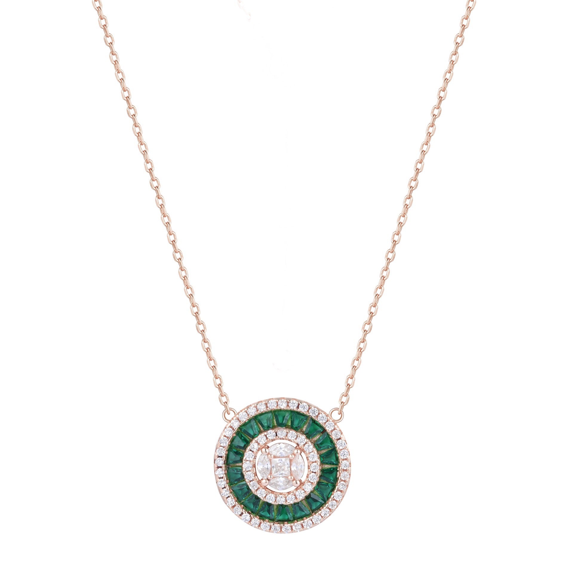 CHARLI EMERALD BAGUETTE ROUND ROSE GOLD NECKLACE