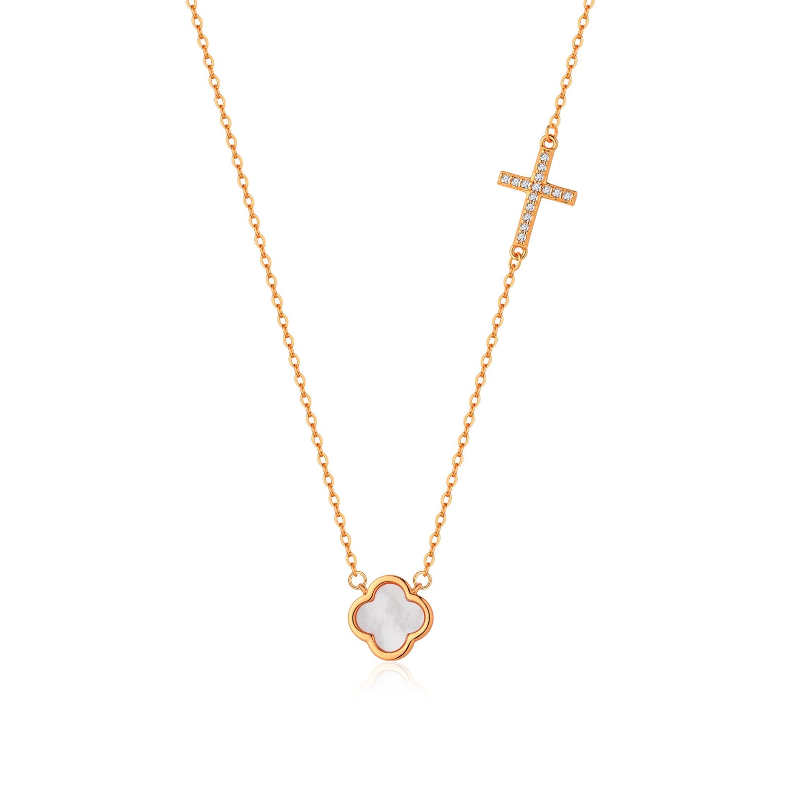 ELLIE PEARL CLOVER AND CROSS ROSE GOLD NECKLACE