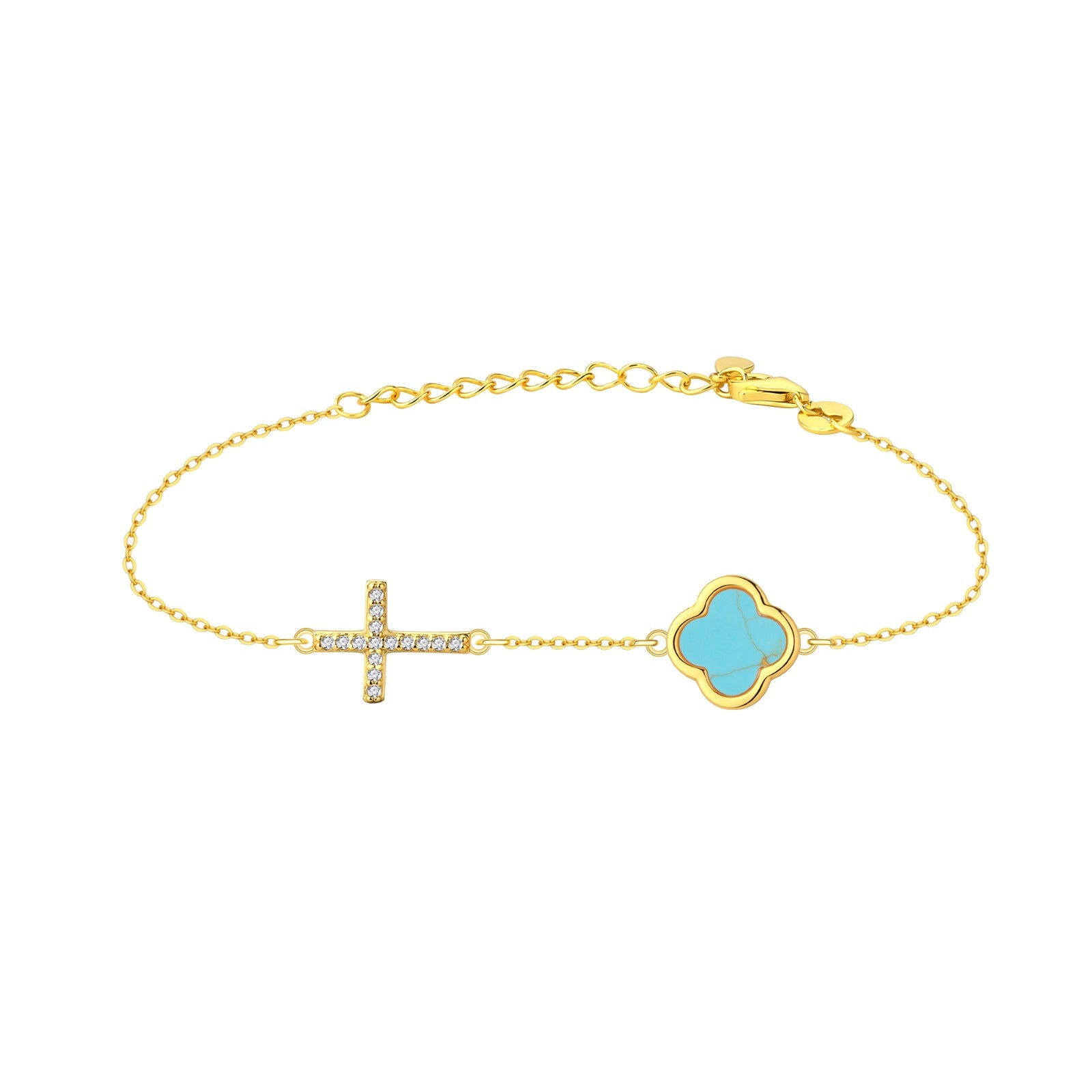 ELLIE TURQUOISE CLOVER AND CROSS GOLD BRACELET
