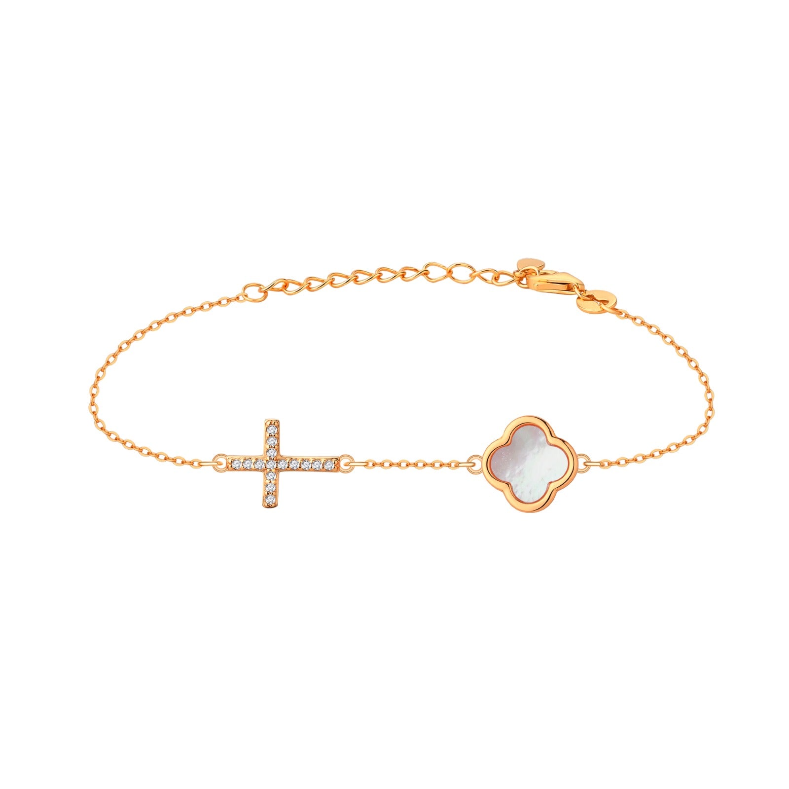 ELLIE PEARL CLOVER AND CROSS ROSE GOLD BRACELET