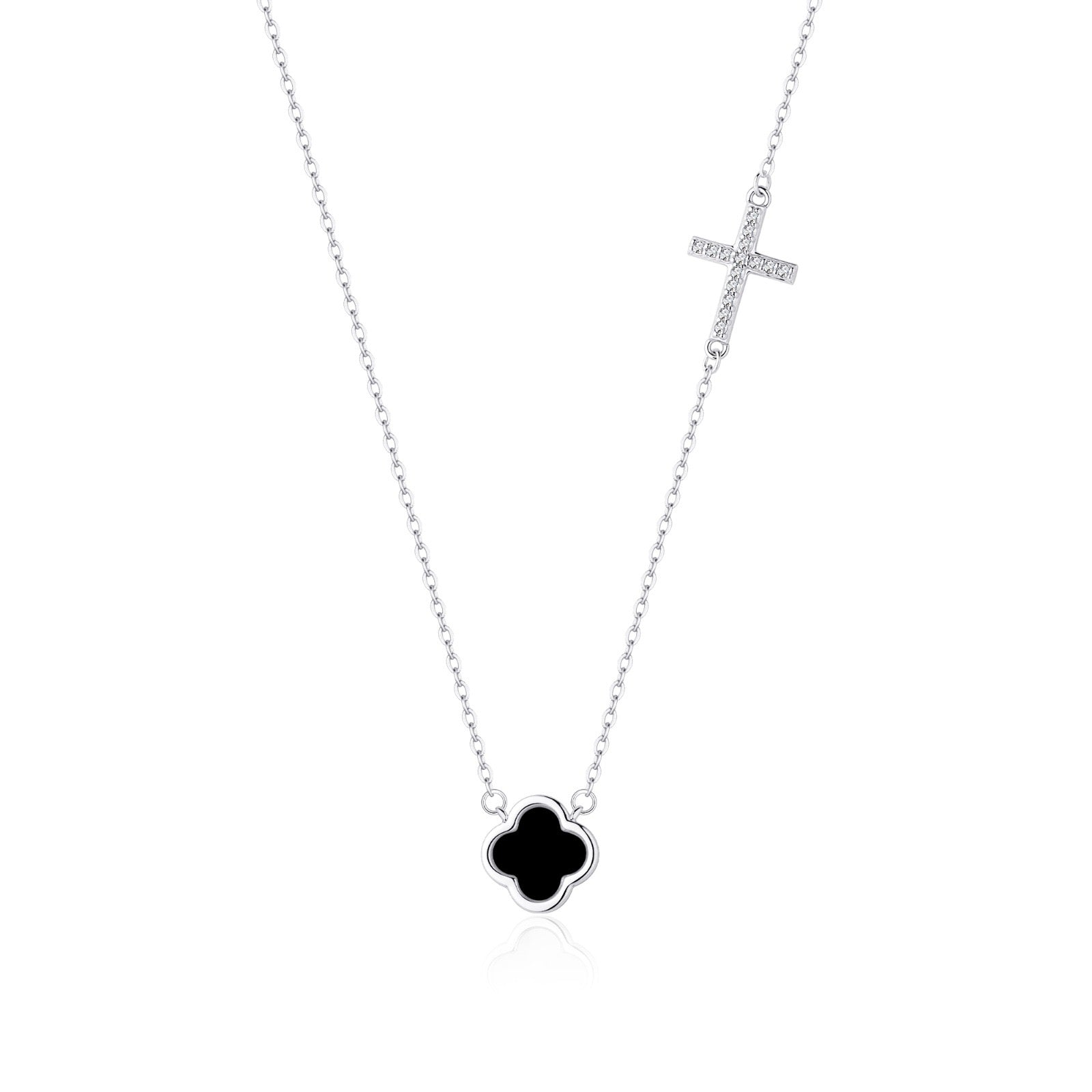 ELLIE BLACK AGATE CLOVER AND CROSS SILVER NECKLACE