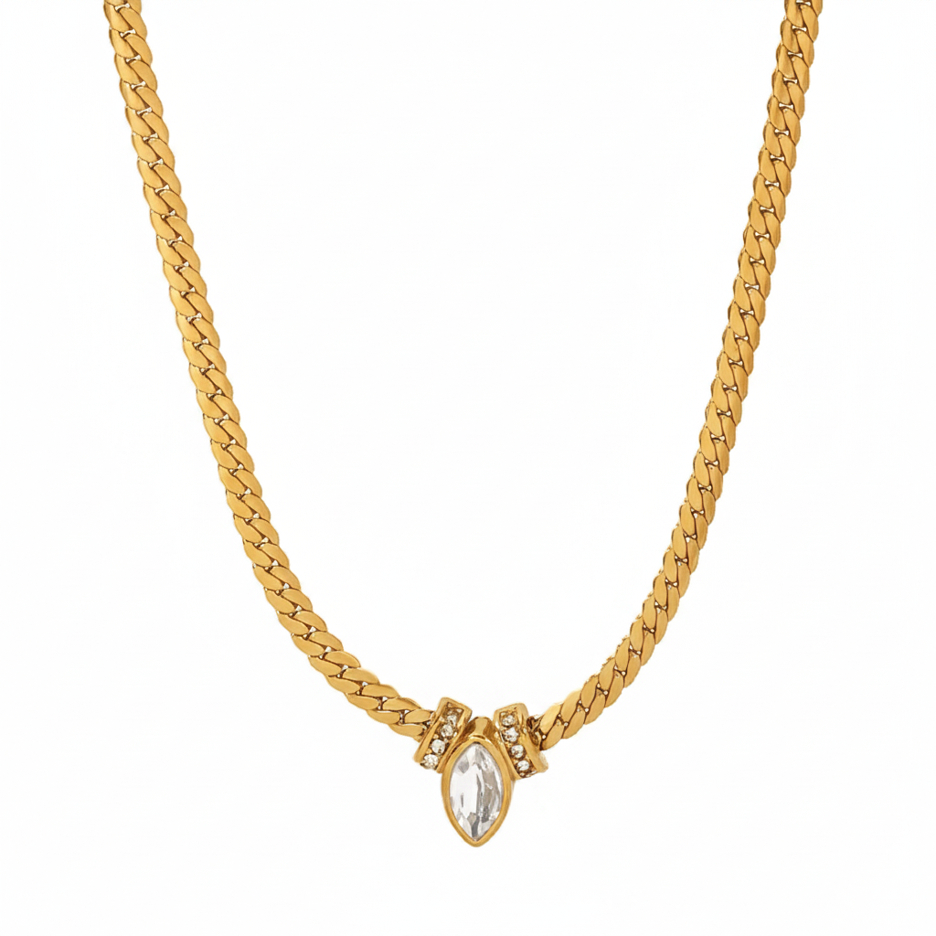 AALIA HERRINGBONE MARQUIS CRYSTAL GOLD NECKLACE