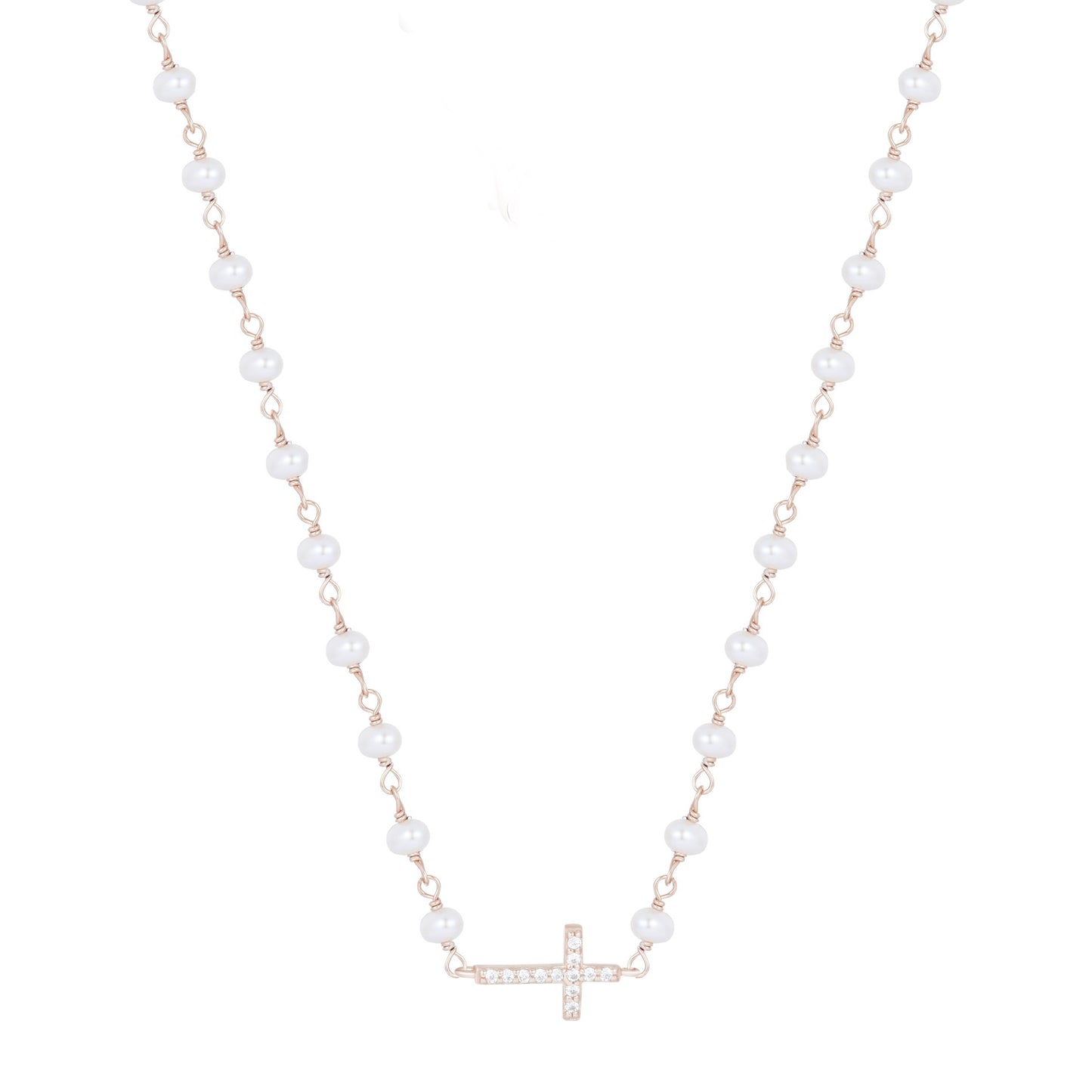 KATERINA CROSS FRESHWATER PEARL BEADED ROSE GOLD NECKLACE