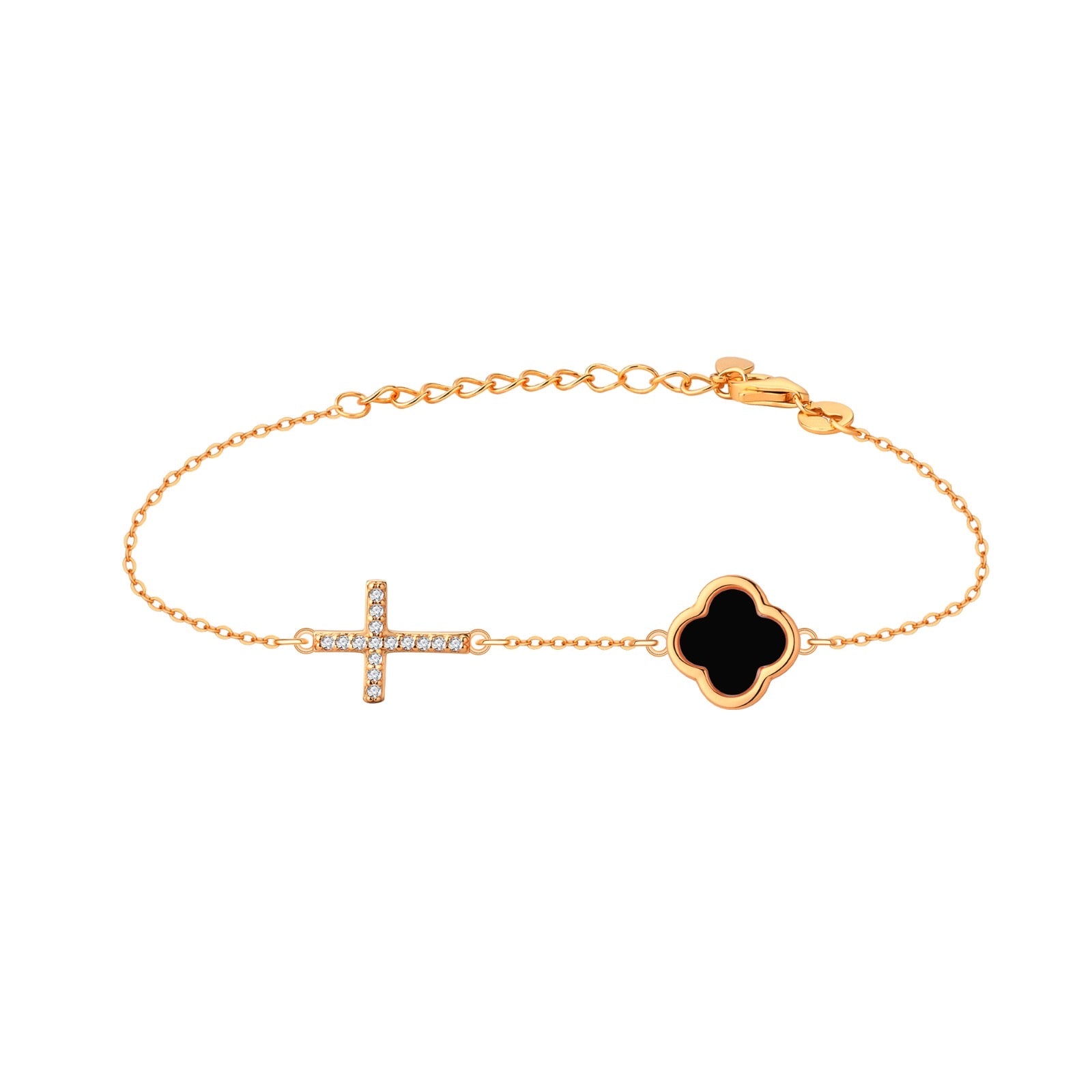 ELLIE BLACK AGATE CLOVER AND CROSS ROSE GOLD BRACELET