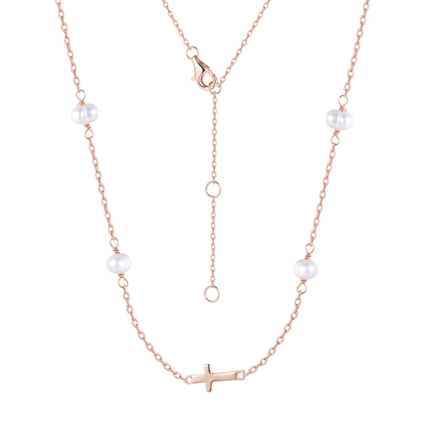 MIKALA CROSS FRESHWATER PEARL BEADED ROSE GOLD NECKLACE