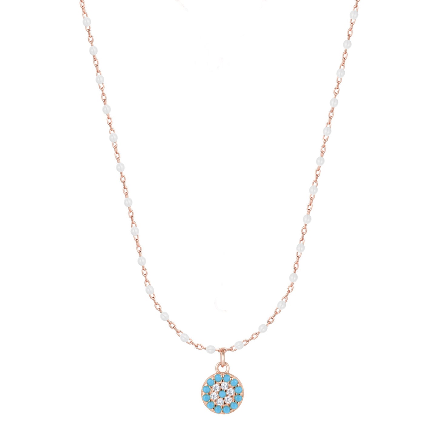 white beaded turquoise evil eye rose gold necklace