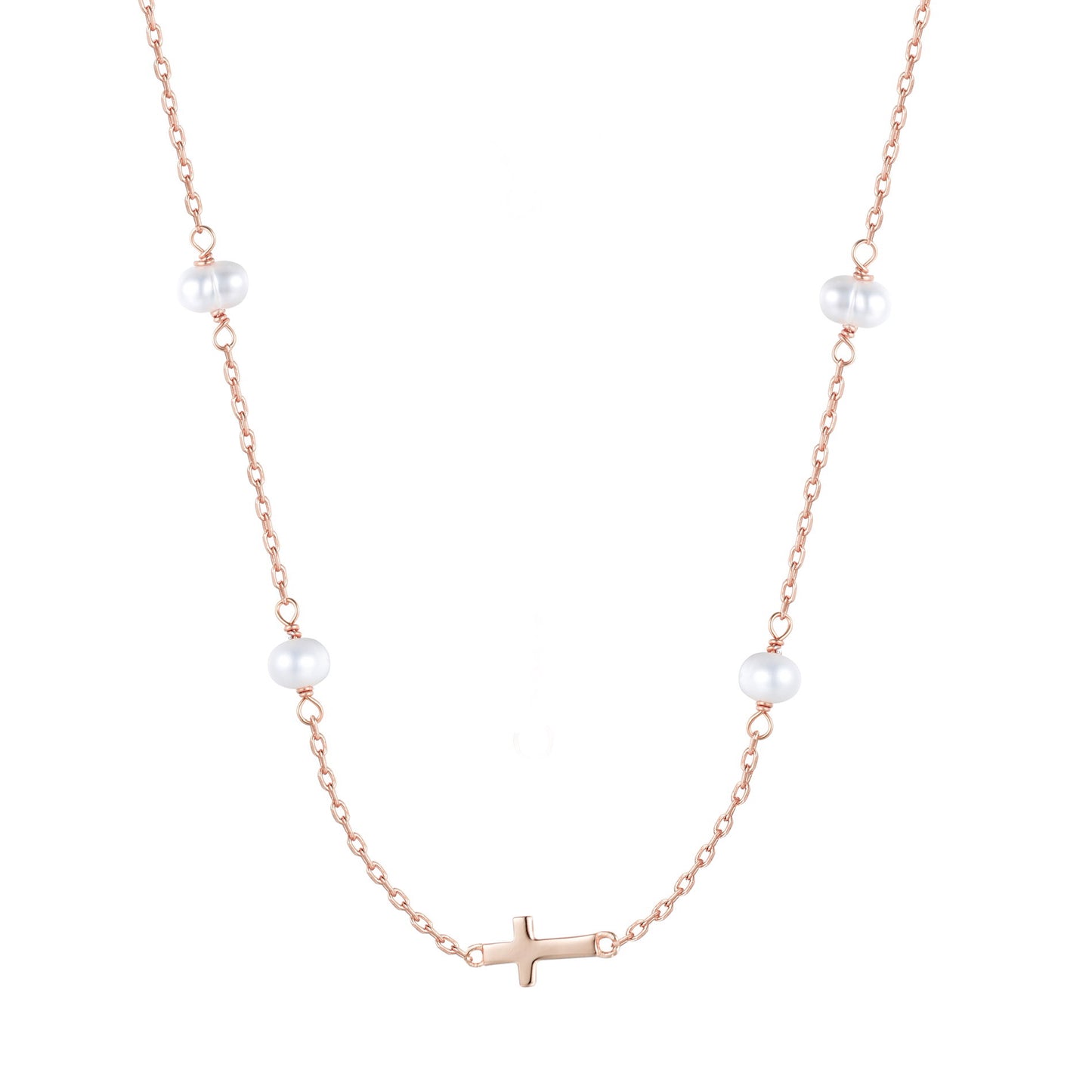 MIKALA CROSS FRESHWATER PEARL BEADED ROSE GOLD NECKLACE