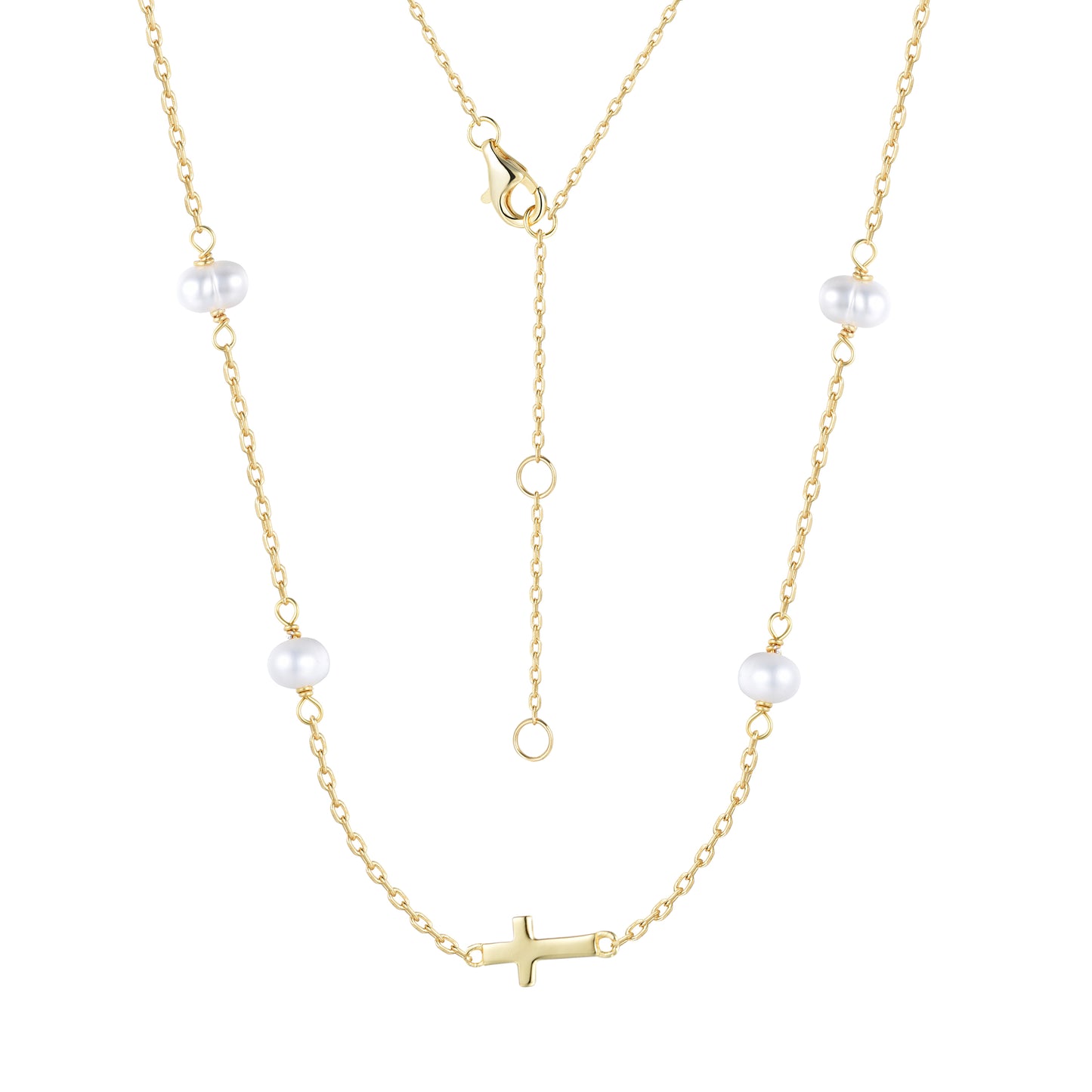 MIKALA CROSS PEARL BEADED GOLD NECKLACE