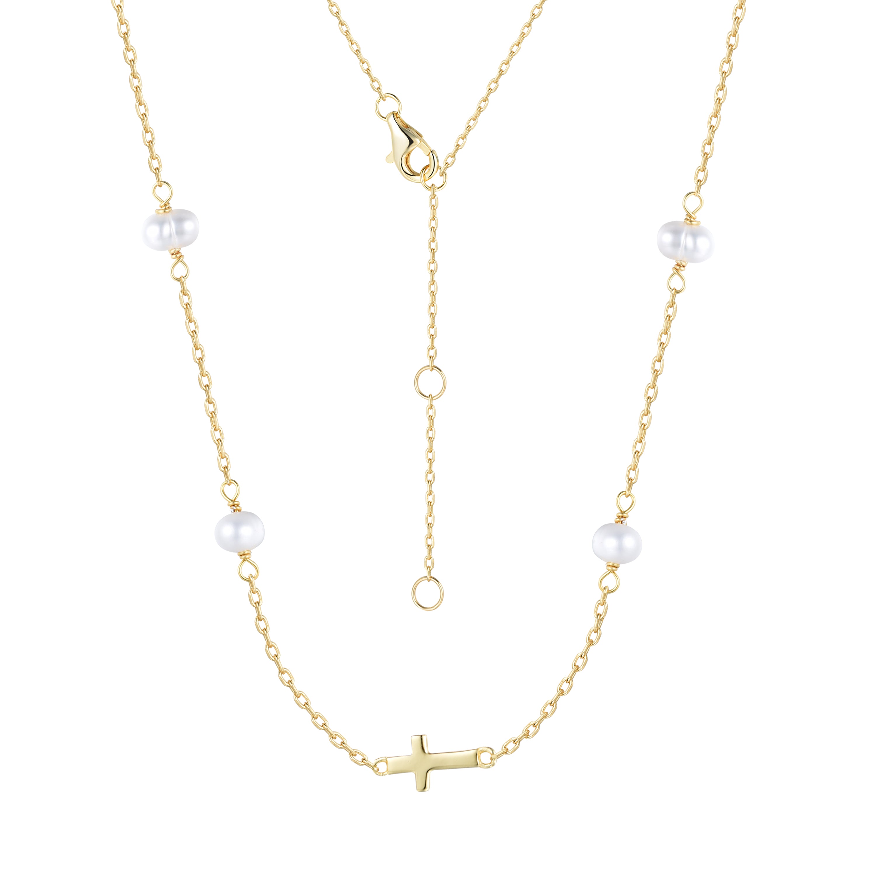 MIKALA CROSS FRESHWATER PEARL BEADED GOLD NECKLACE