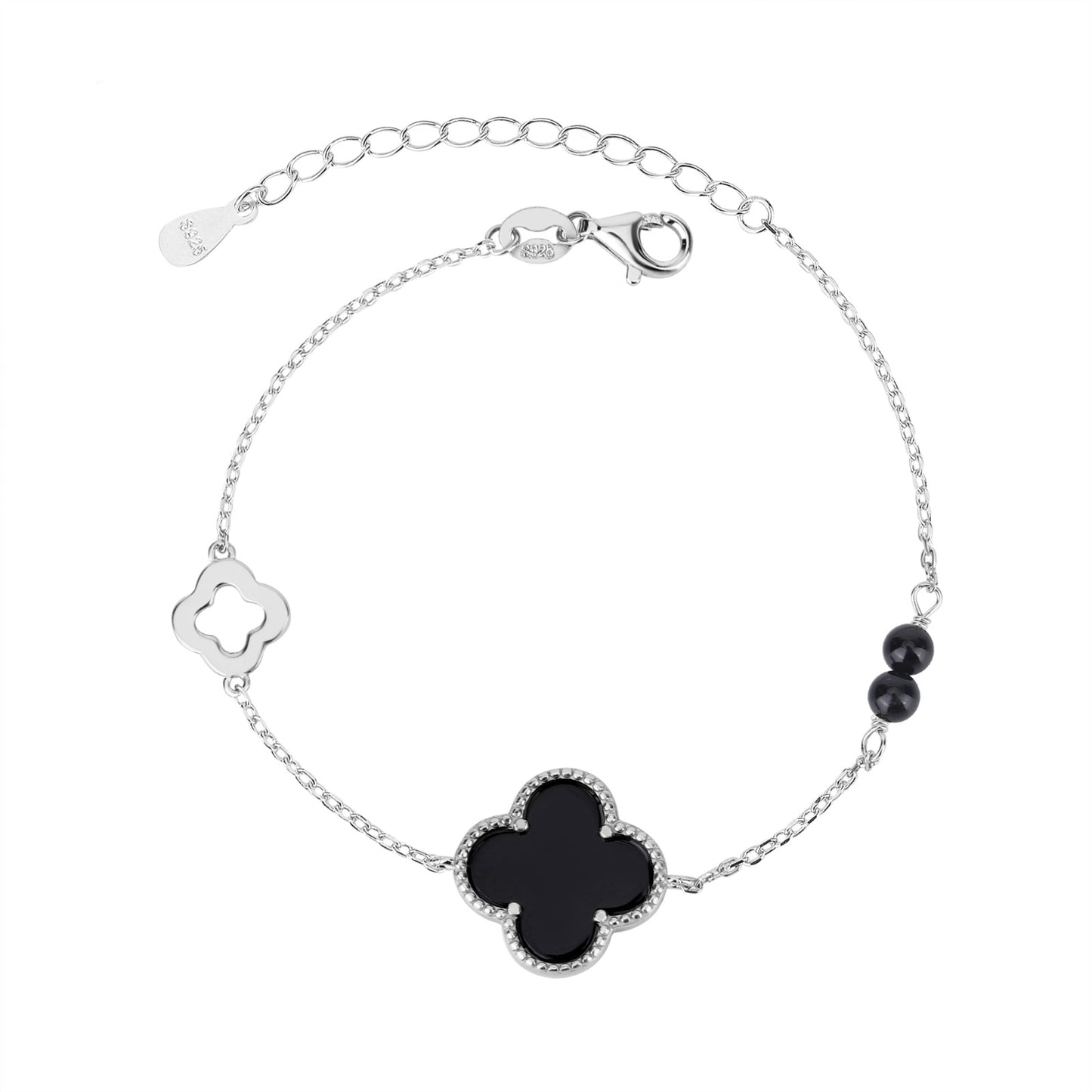 KARA BLACK AGATE CLOVER SILVER BRACELET