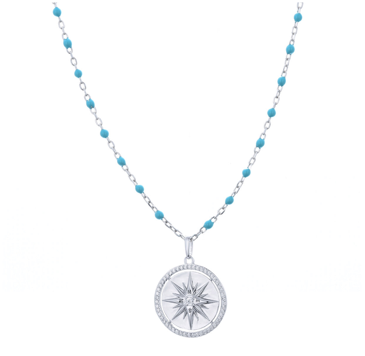 silver compass turq beaded necklace