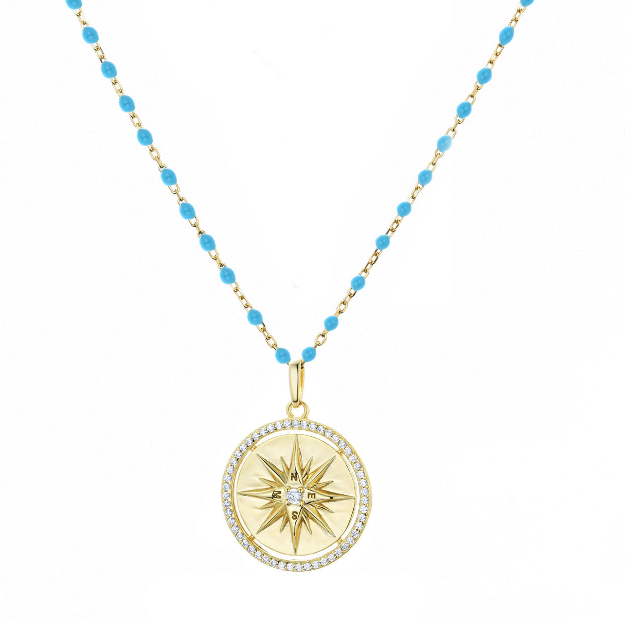 gold compass turquoise beaded necklace
