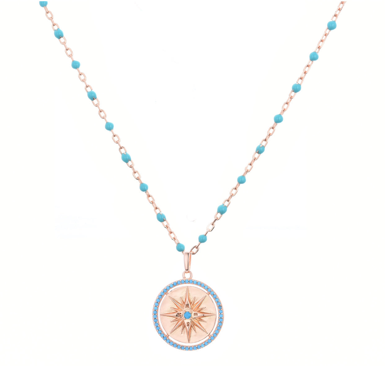 turquoise compass turquoise beaded rose gold necklace