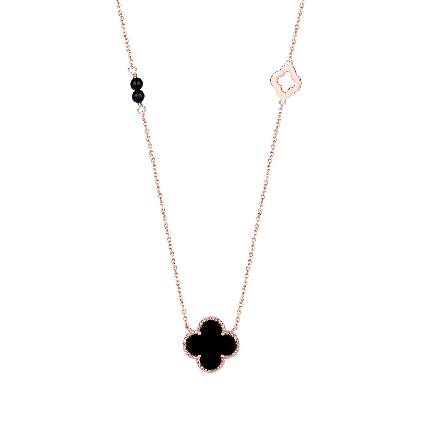 KARA BLACK AGATE CLOVER ROSE GOLD NECKLACE