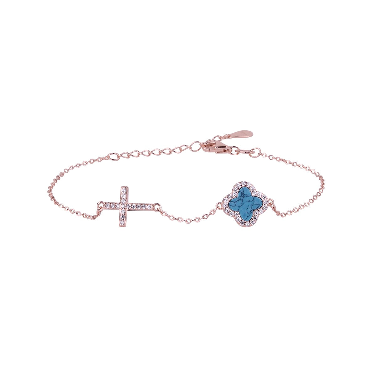 CELINA TURQUOISE CRYSTAL CLOVER AND CROSS ROSE GOLD BRACELET
