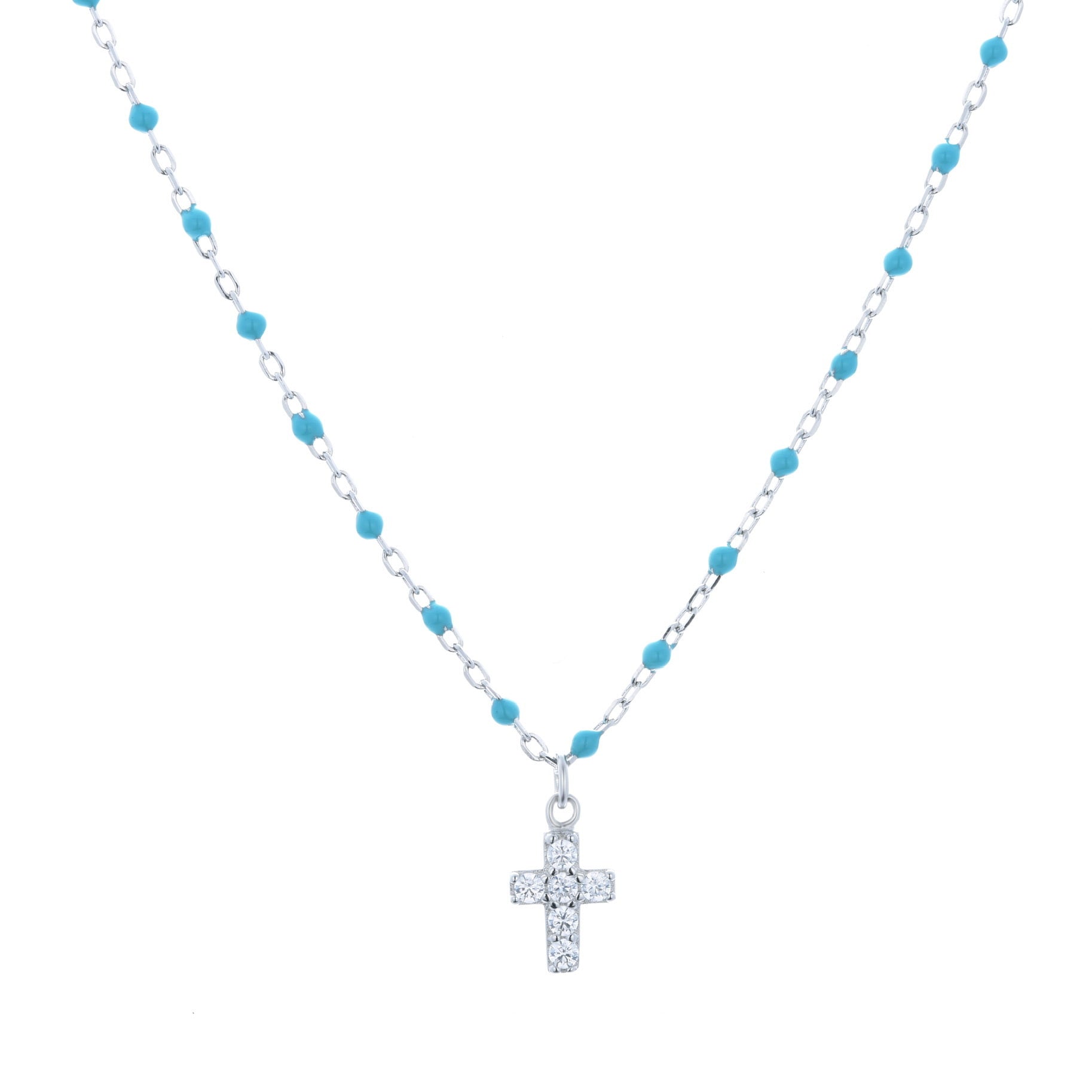 AMARI MINI CROSS BLUE BEADED SILVER NECKLACE