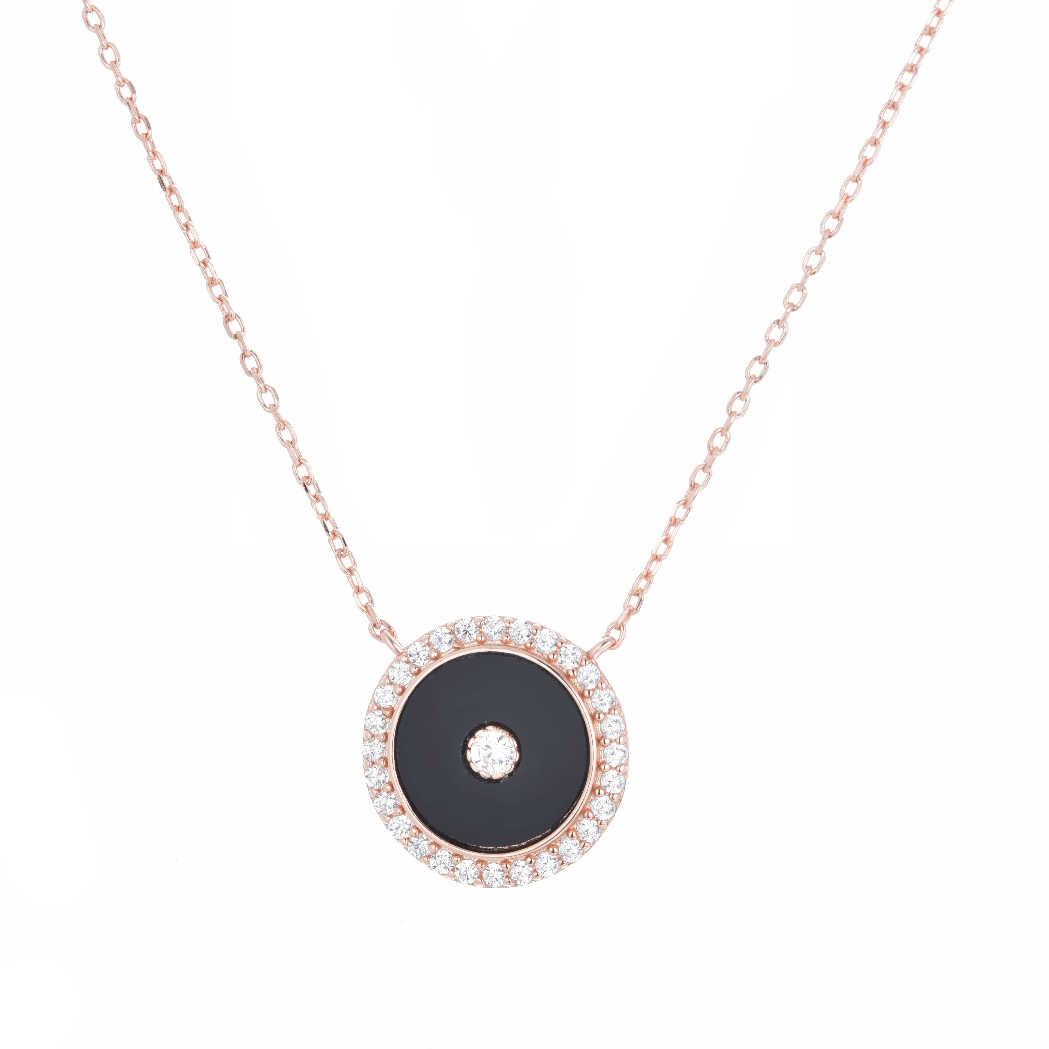 MYLAH ROUND ONYX ROSE GOLD NECKLACE