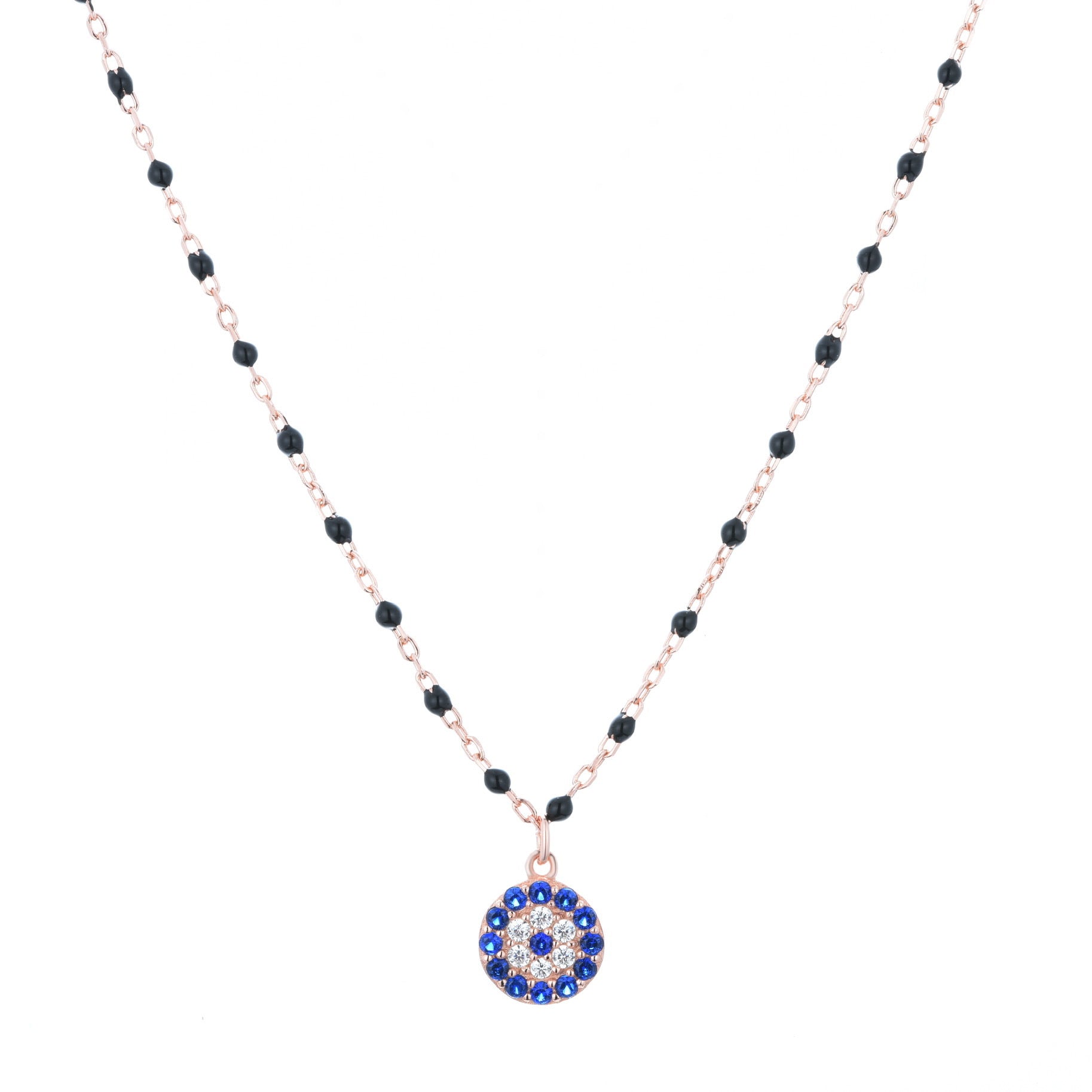 mini evil eye black beaded rose gold necklace