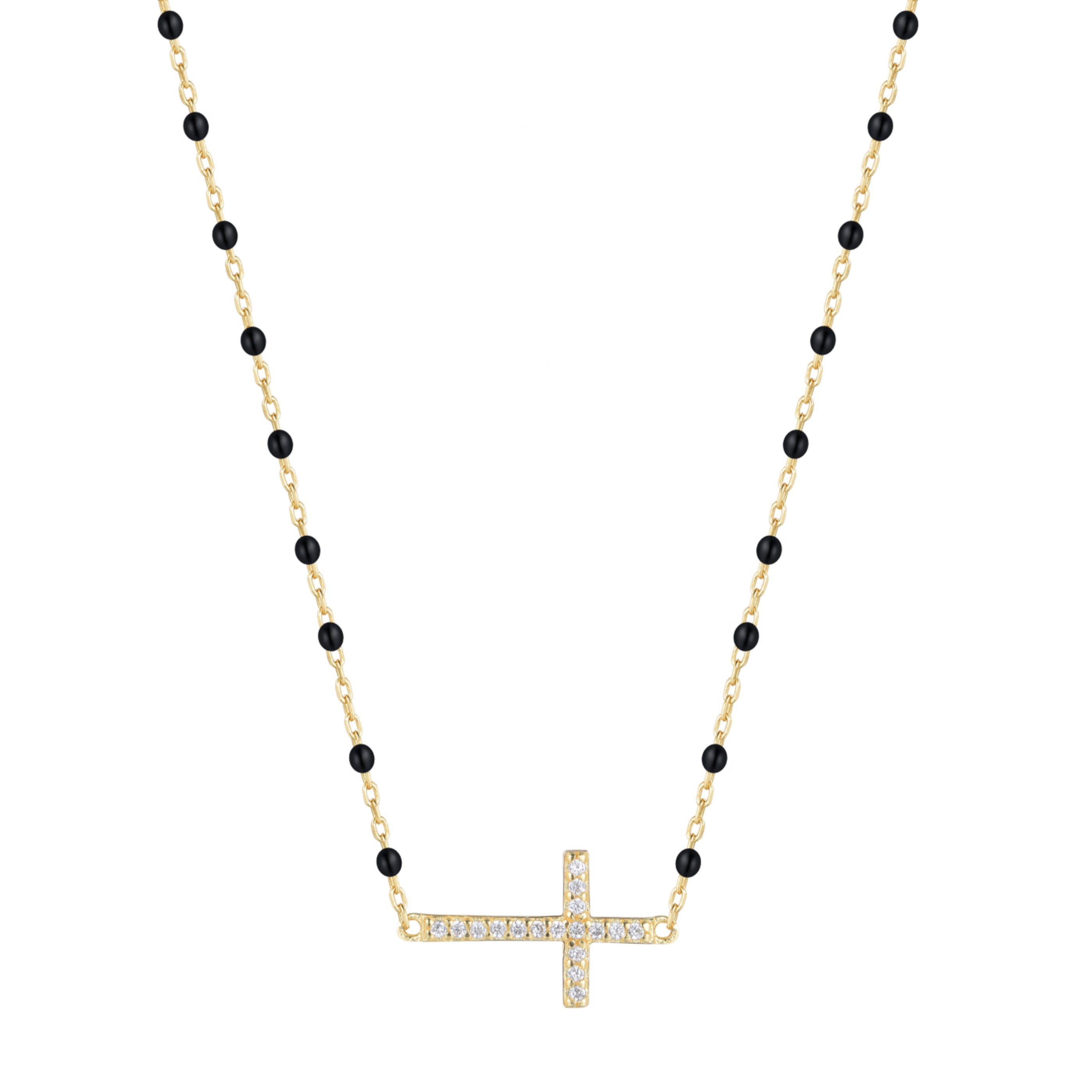 VANESSA CROSS BLACK BEADED GOLD NECKLACE