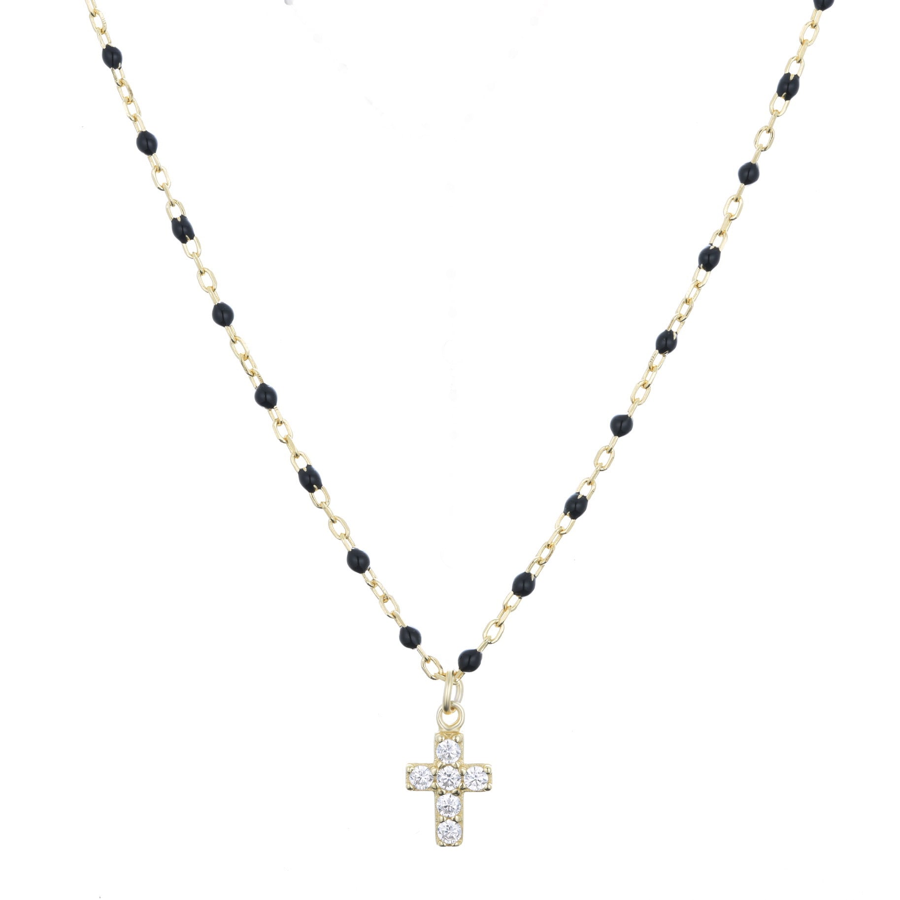AMARI MINI CROSS BLACK BEADED GOLD NECKLACE