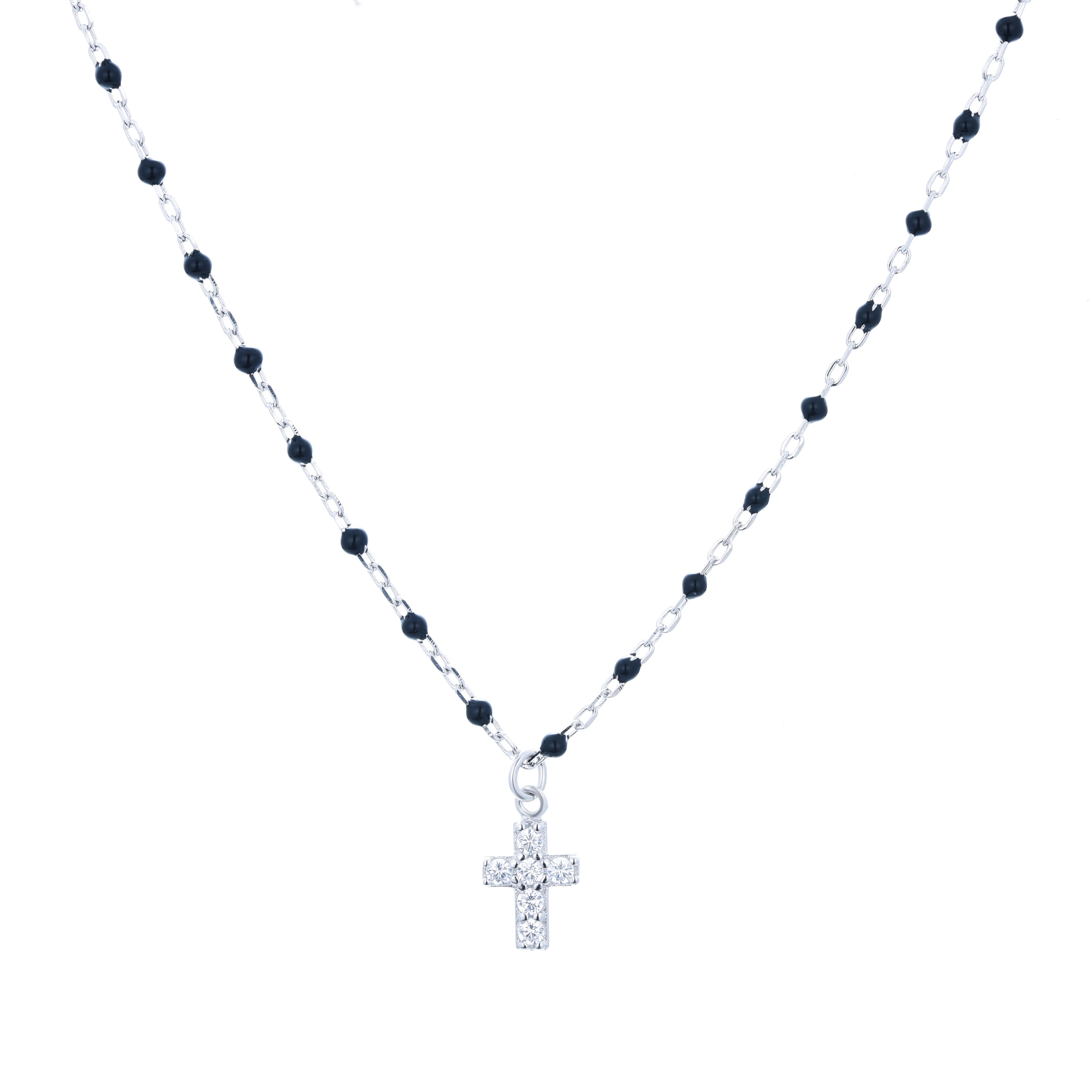 AMARI MINI CROSS BLACK BEADED SILVER NECKLACE