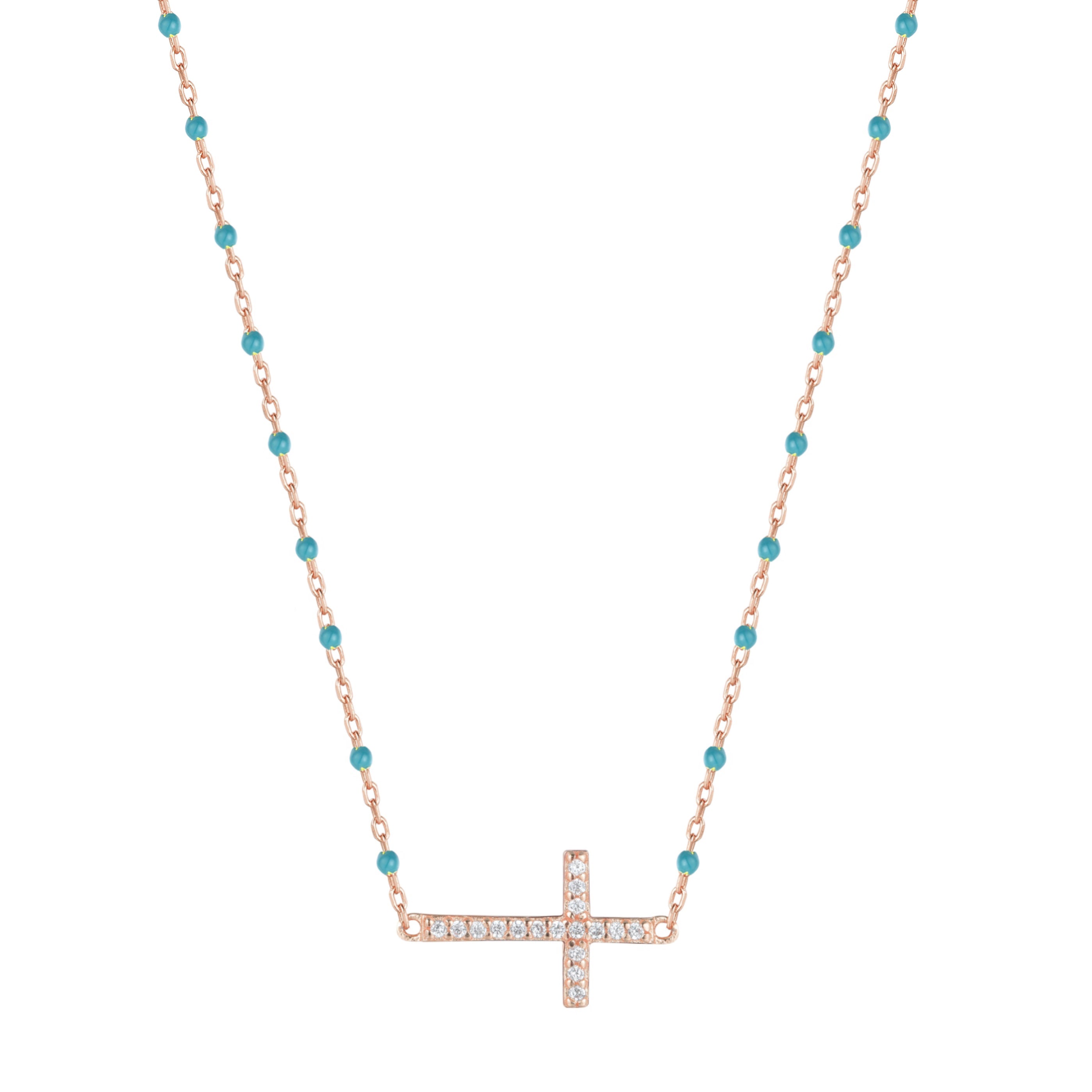VANESSA CROSS BLUE BEADED ROSE GOLD NECKLACE