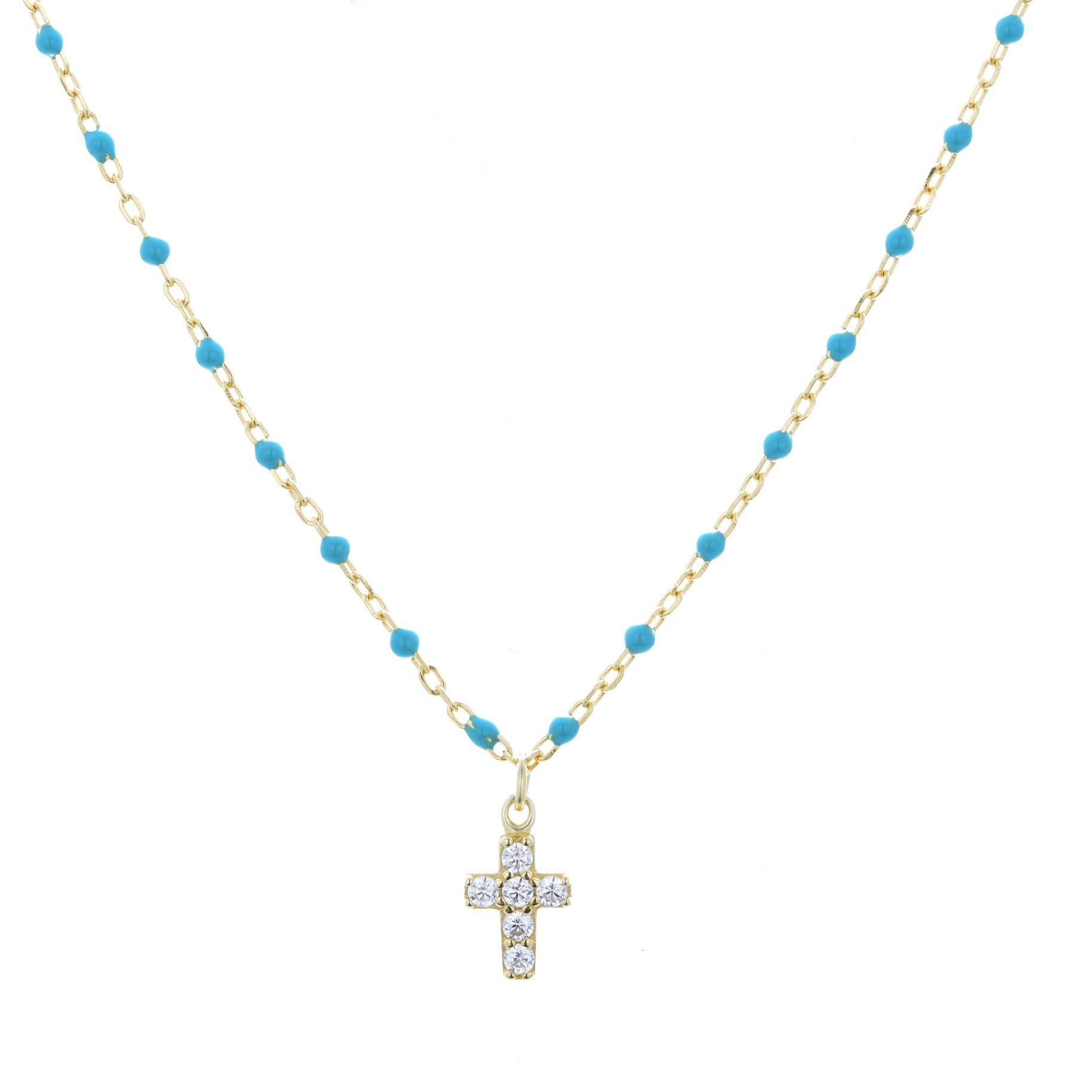 mini cross blue beaded gold necklace