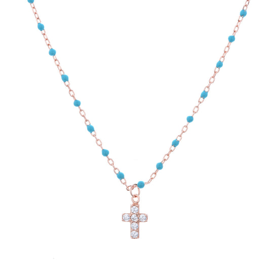 mini cross blue beaded cross necklace