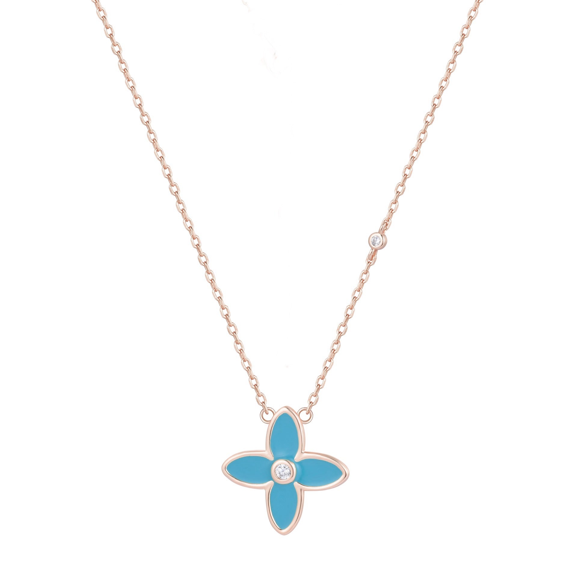 NICOLETTA BLUE ENAMEL FLOWER ROSE GOLD NECKLACE