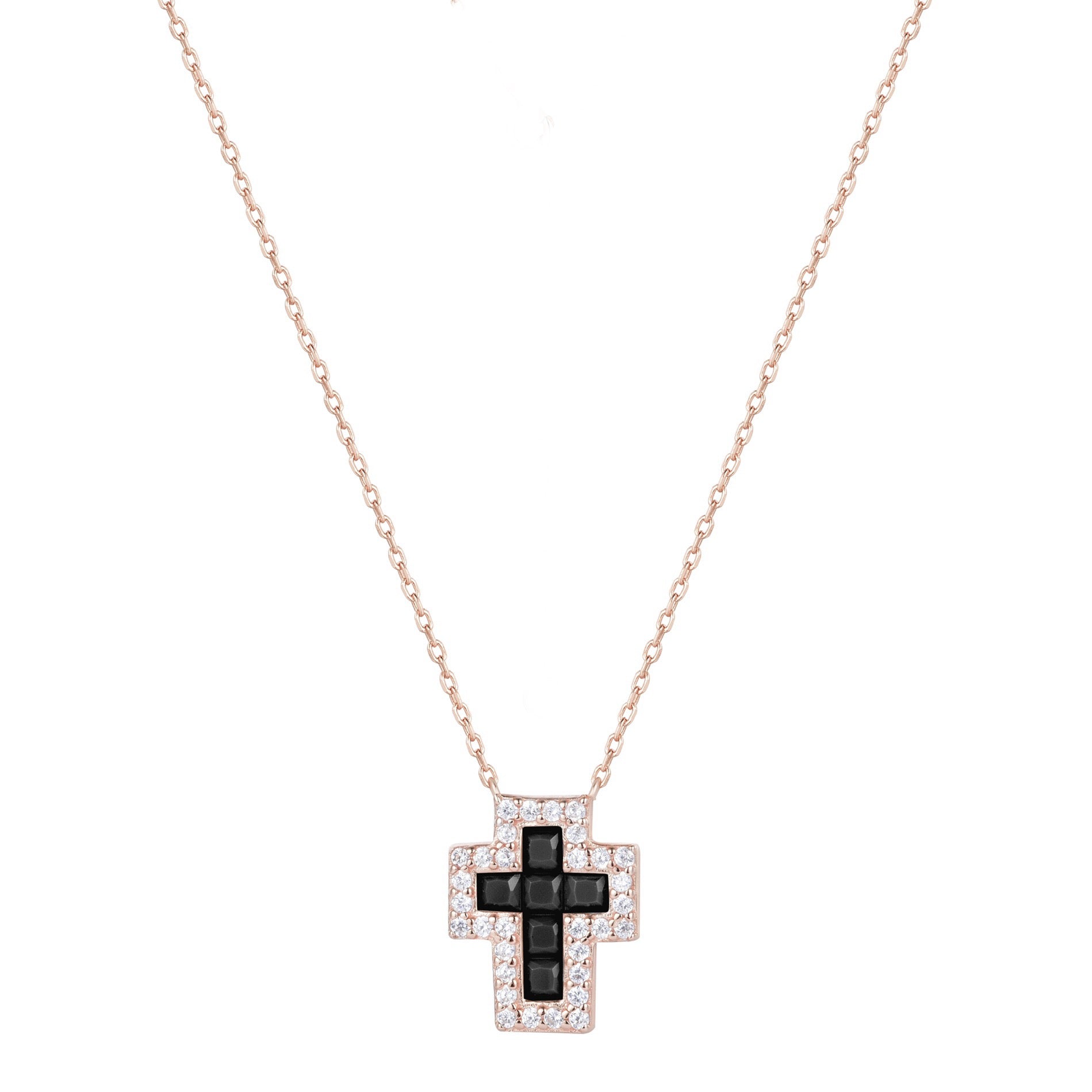 SARAI ONYX CROSS ROSE GOLD NECKLACE