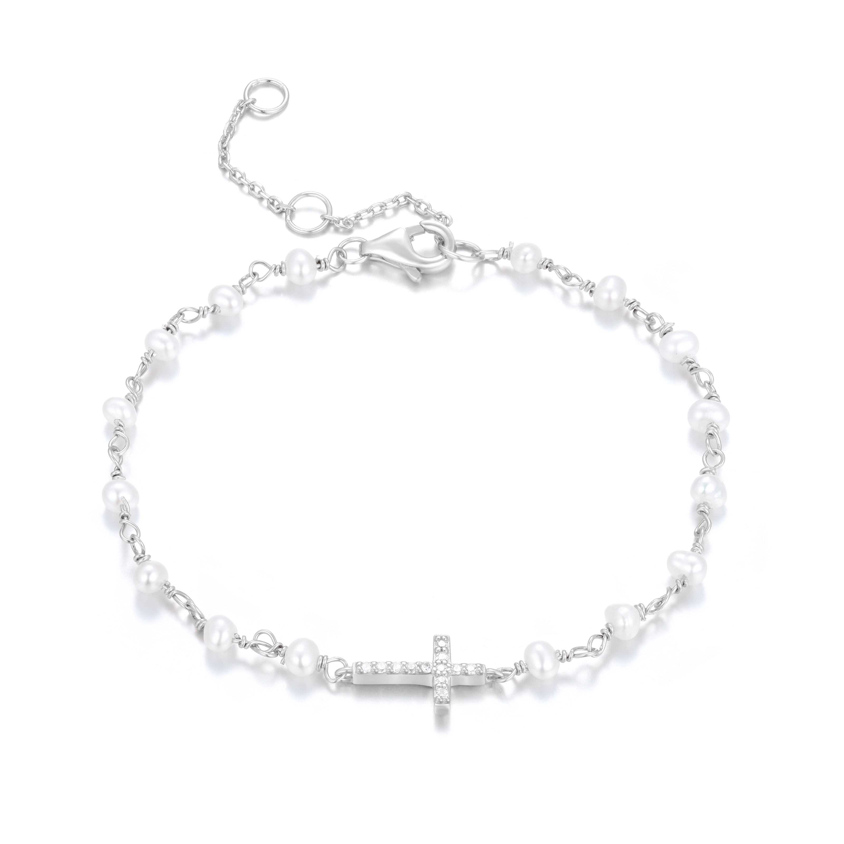 KATERINA CROSS FRESHWATER PEARL BEADED SILVER BRACELET
