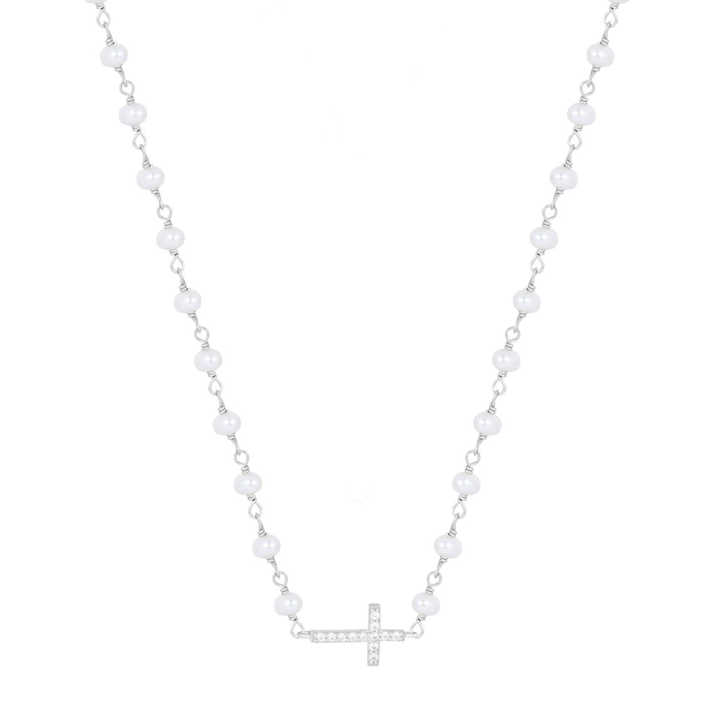 KATERINA CROSS PEARL BEADED SILVER NECKLACE