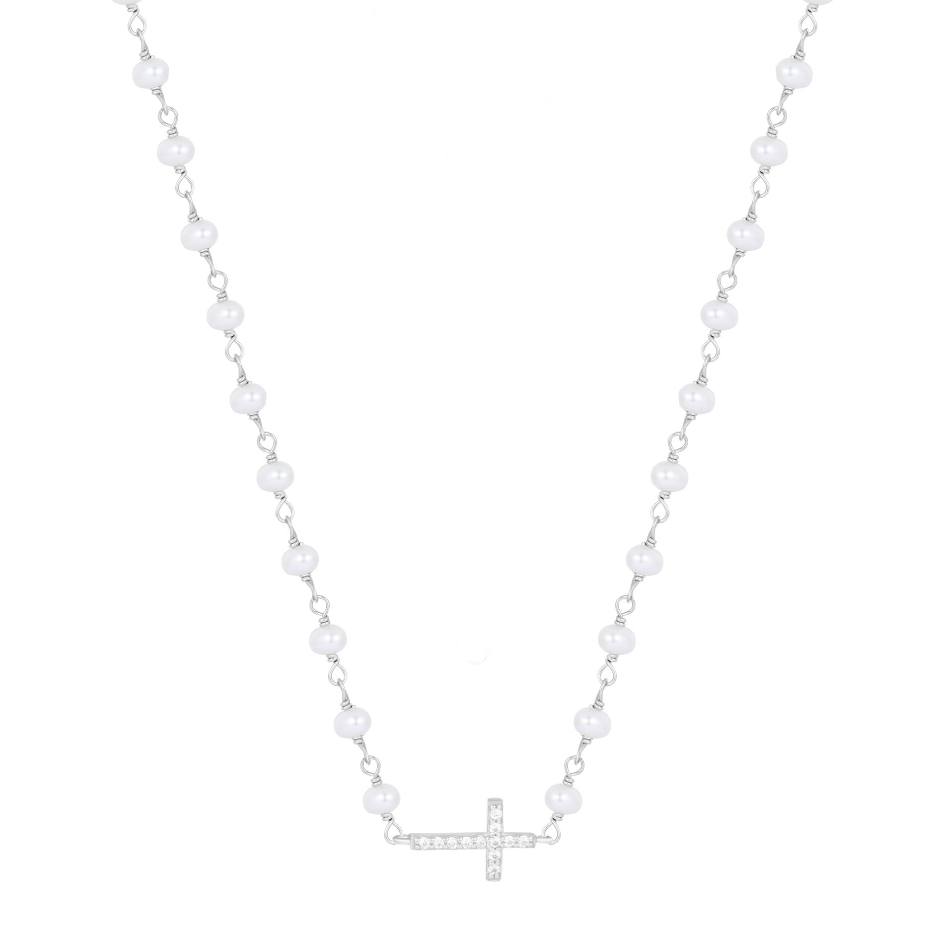 KATERINA CROSS FRESHWATER PEARL BEADED SILVER NECKLACE