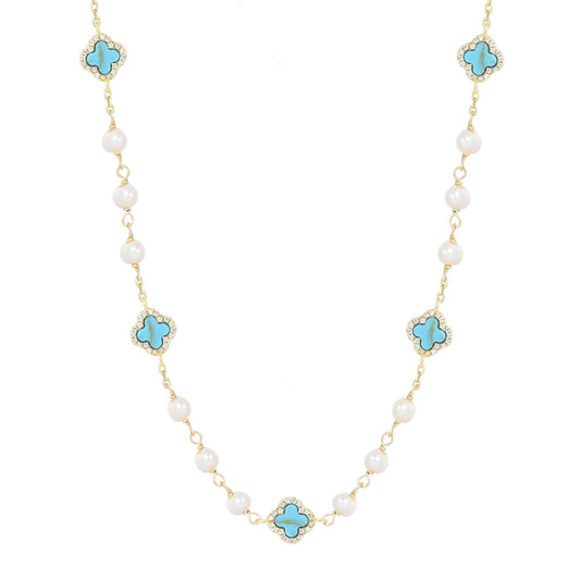 NALA PEARL MINI TURQUOISE FIVE CLOVER GOLD NECKLACE