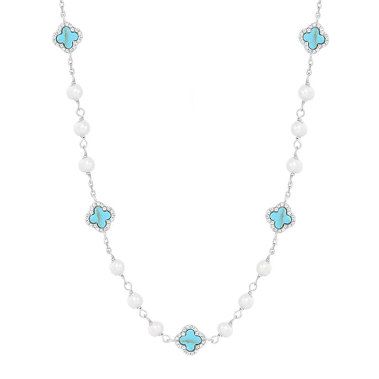 NALA PEARL MINI TURQUOISE FIVE CLOVER SILVER NECKLACE