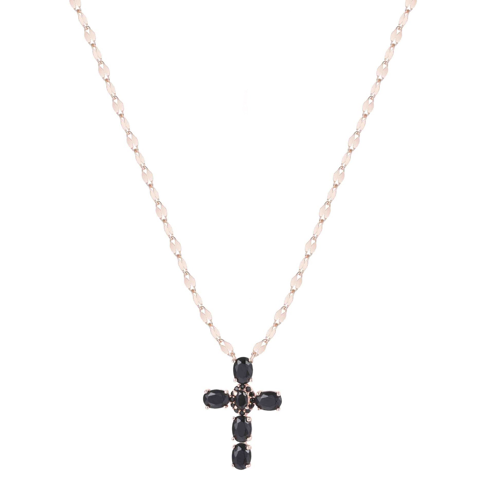 KARA BLACK ONYX CROSS ROSE GOLD NECKLACE