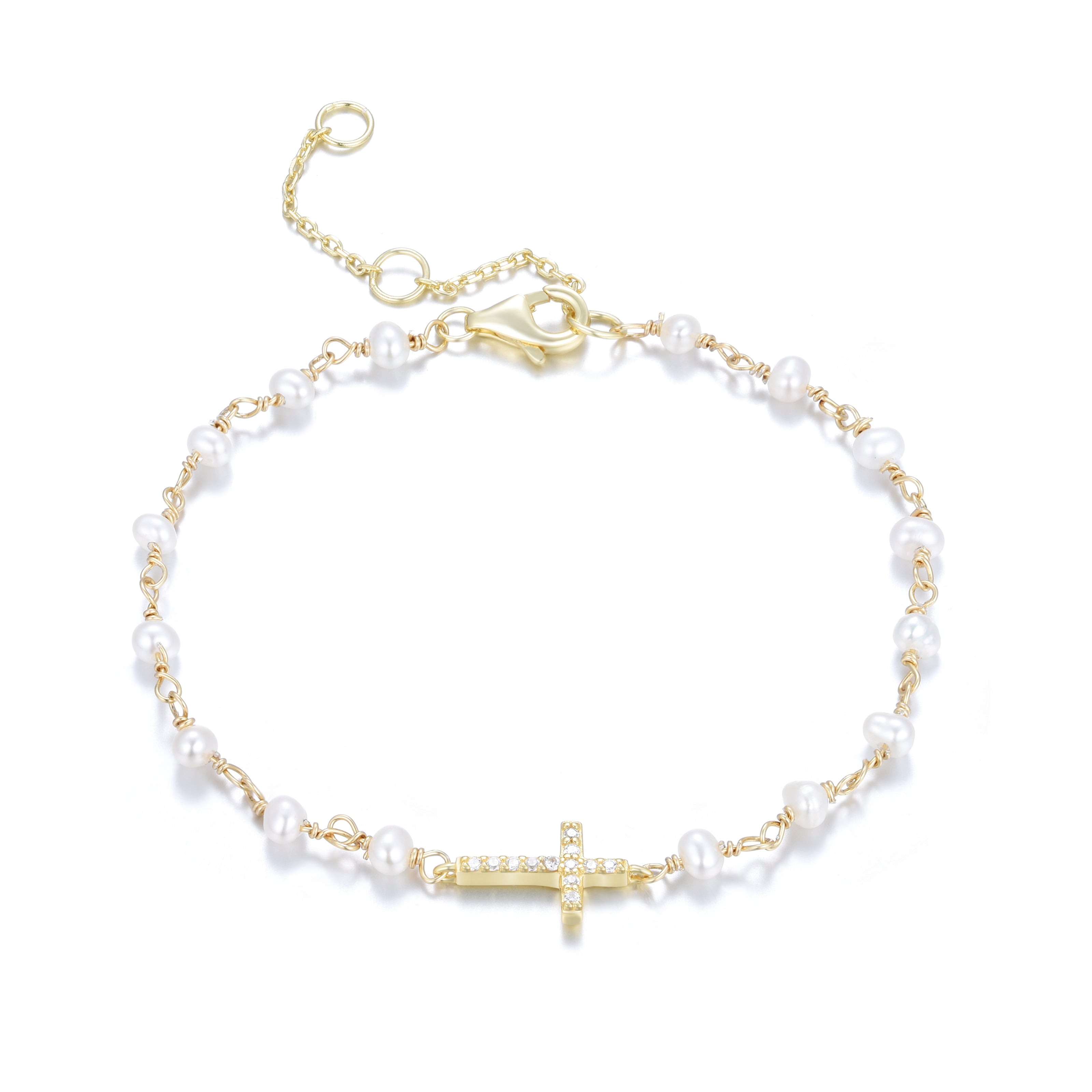 KATERINA CROSS FRESHWATER PEARL BEADED GOLD BRACELET