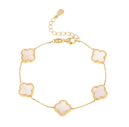 ELLIE MOTHER OF PEARL FIVE CLOVER GOLD BRACELET
