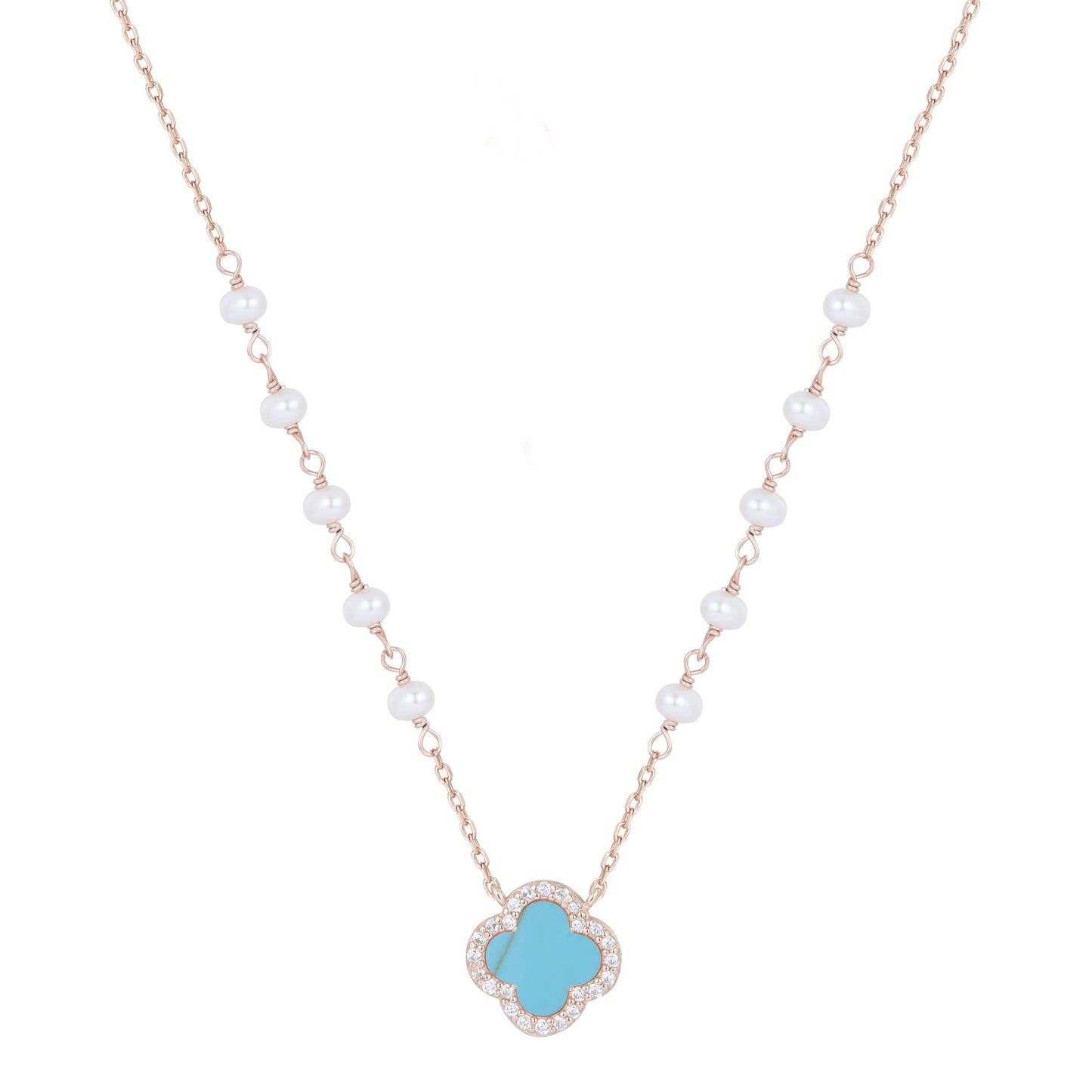 HARPER PEARL TURQUOISE CLOVER ROSE GOLD NECKLACE