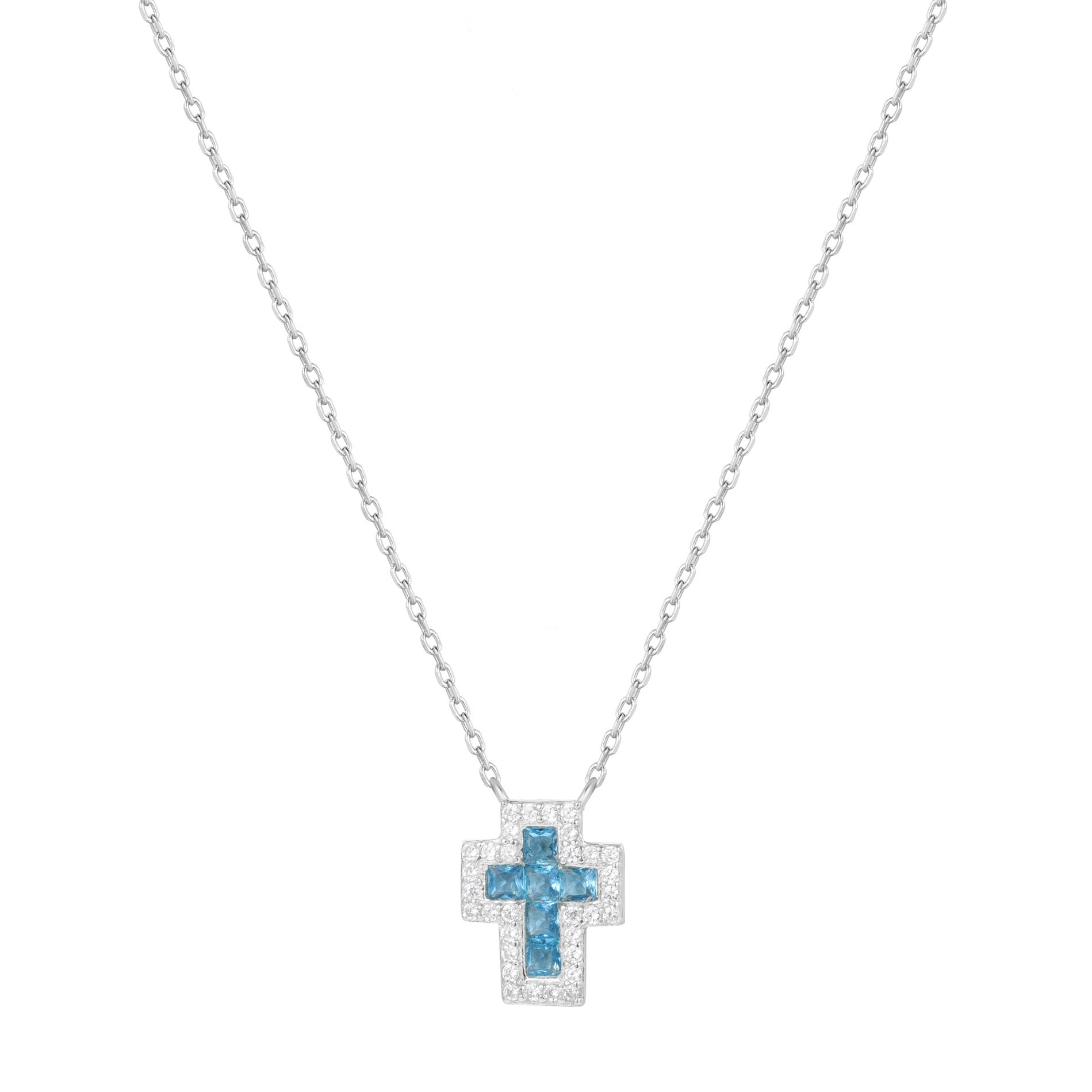 SARAI AQUAMARINE CROSS SILVER NECKLACE