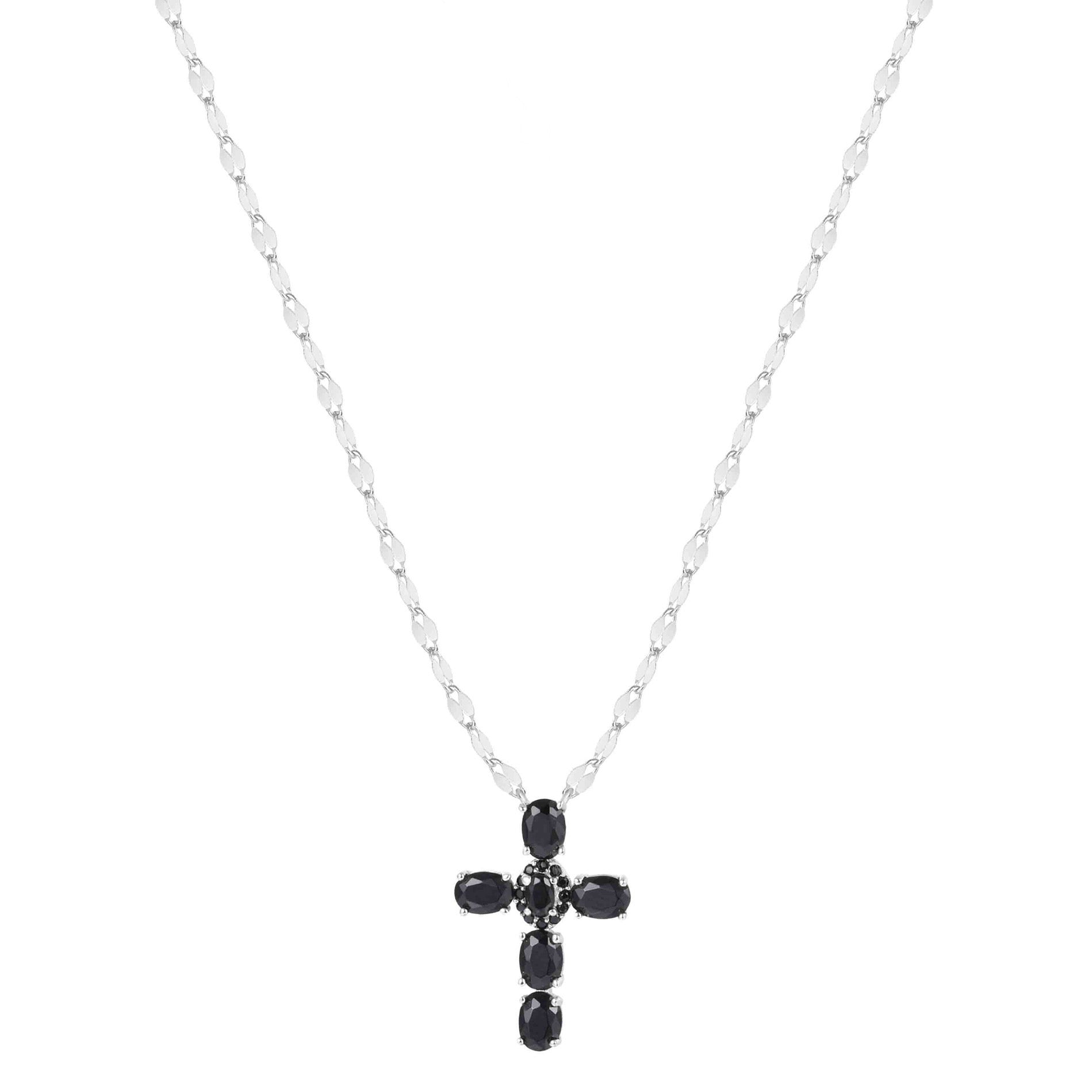 KARA BLACK ONYX CROSS SILVER NECKLACE