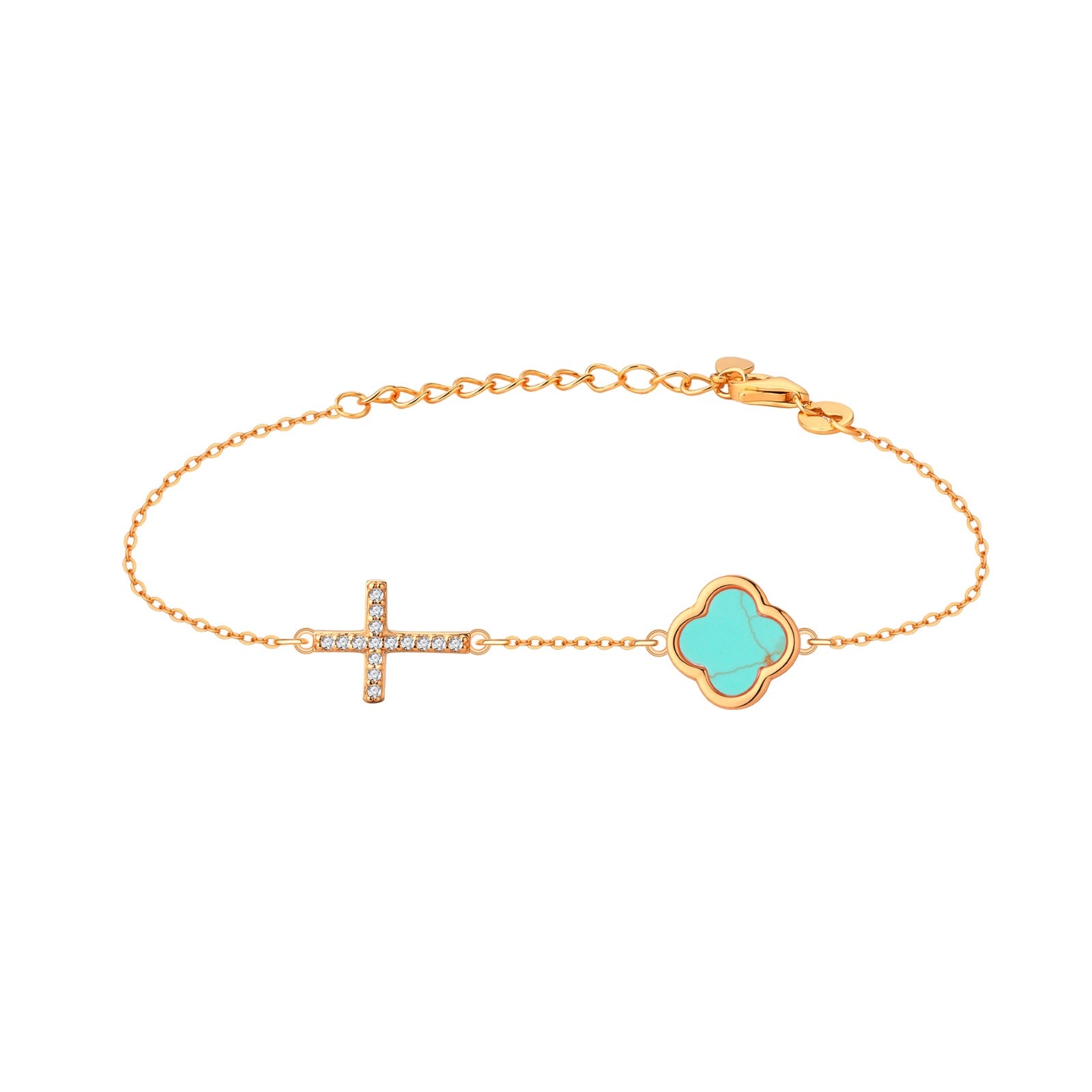ELLIE TURQUOISE CLOVER AND CROSS ROSE GOLD BRACELET