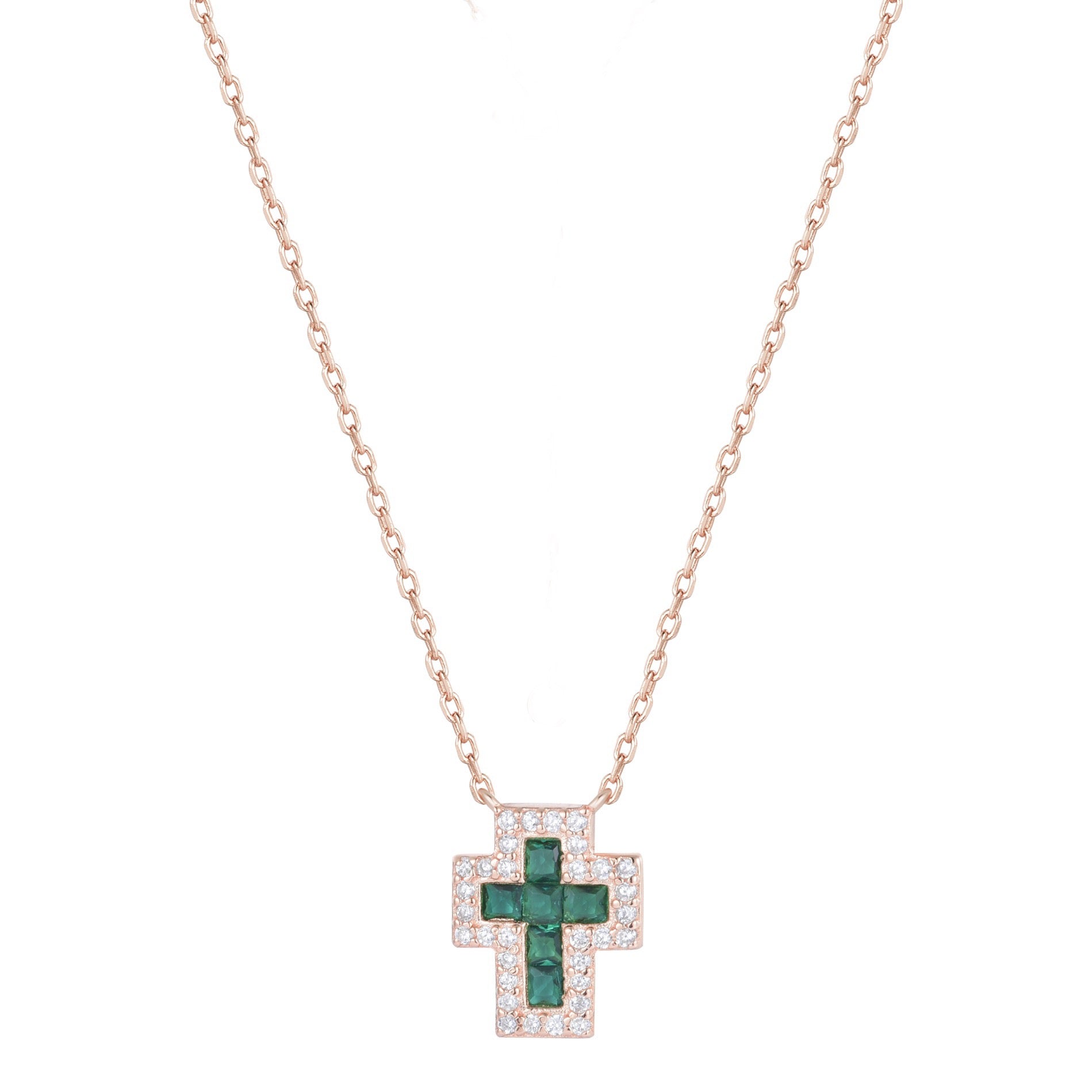 SARAI EMERALD CROSS ROSE GOLD NECKLACE